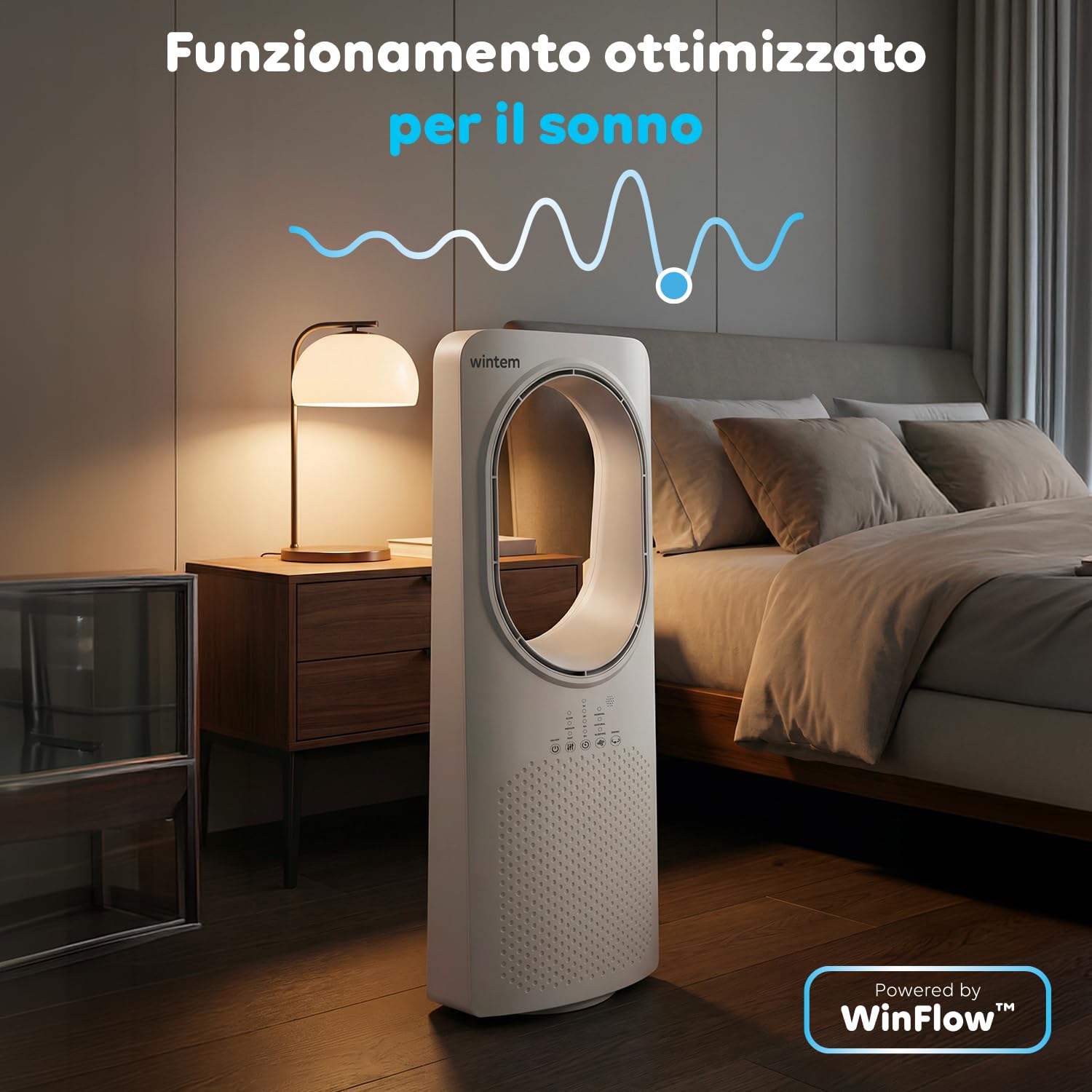 Wintem - Ventilatore a Torre Silenzioso Freezy Senza Pale con Telecomando, 3 Velocità, 3 Modalità, Timer 15 Ore e Oscillazione, Ventilatore da Terra con Display LED e Comandi Touch Intuitivi