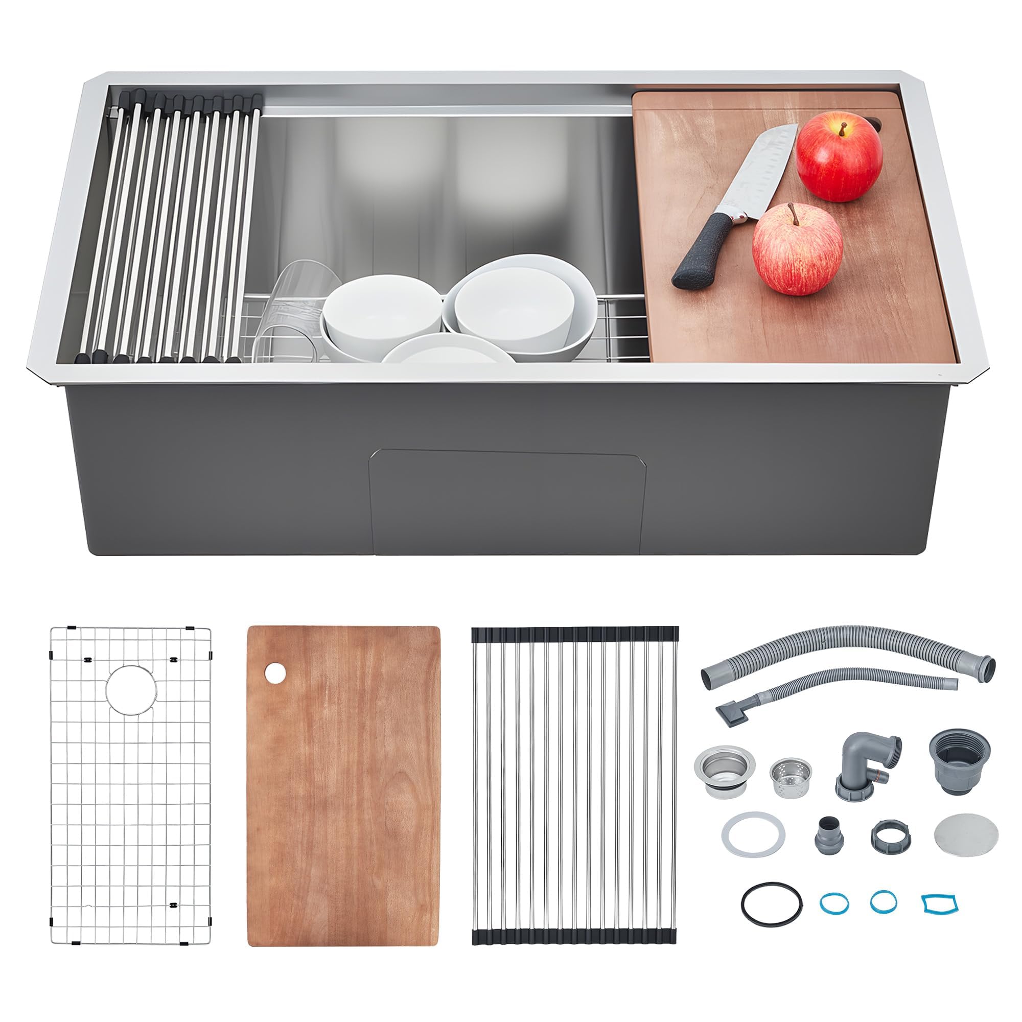 Undermount Kitchen Sink Workstation,Stainless Steel Single Bowl,Deep Ledge