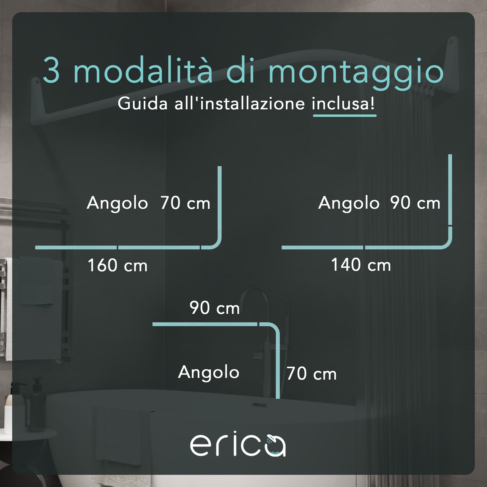 Erica - Asta da Doccia angolare 70x90/70x160 cm, Montaggio a Parete per Angoli o vasche, Montaggio Senza Supporto a soffitto, Rivestimento in Plastica Bianco Senza PVC