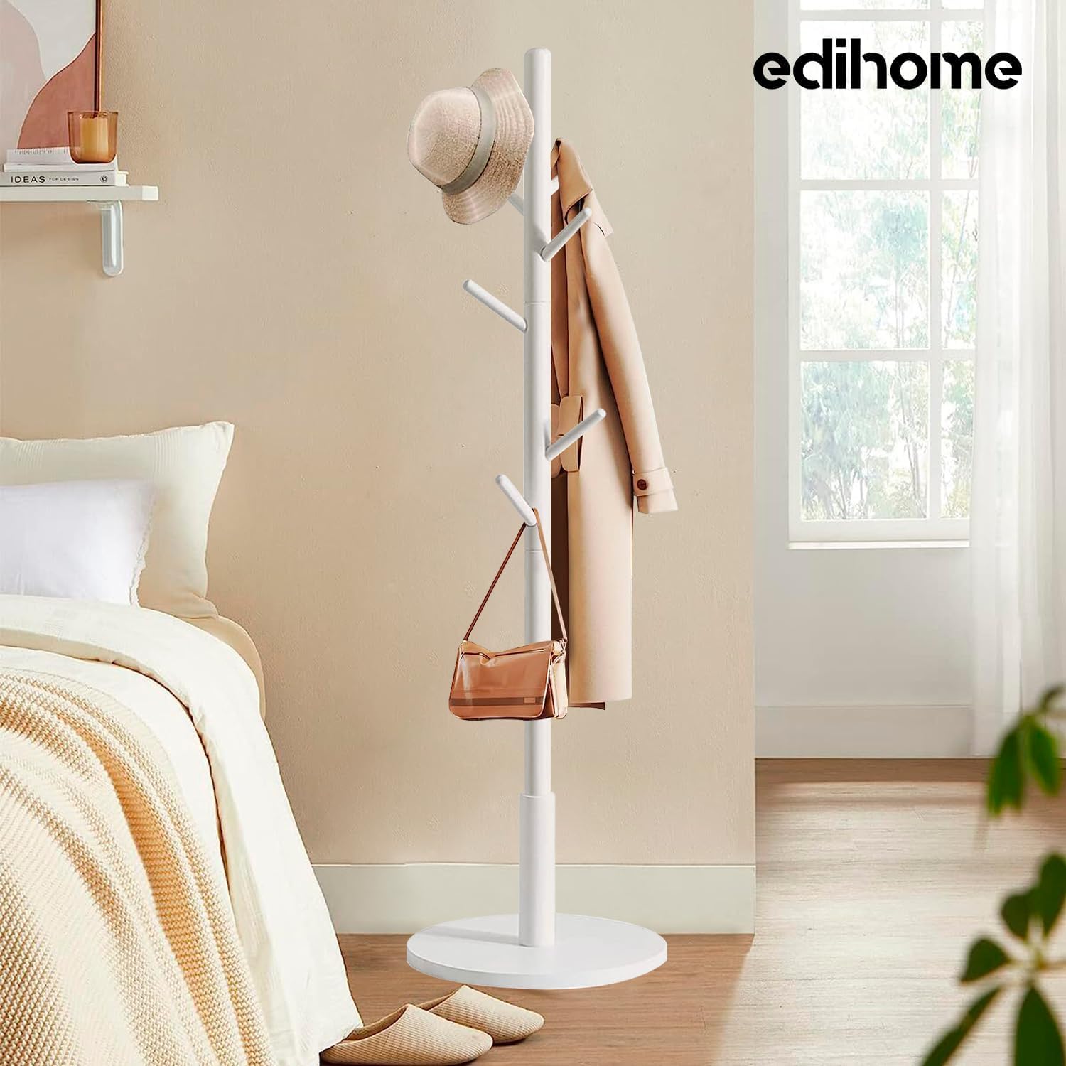 edihome, Appendiabiti da Terra, in Legno, Attaccapanni, per Abiti, 8 Ganci, 172 x 38 x 38 cm, per Ingresso, Corridoio o Camera da Letto (Bianco)