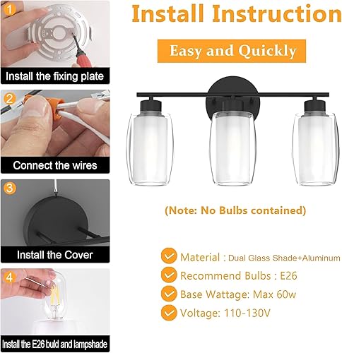 Miniatura 4 de Aipsun Lámpara de tocador negra de 3 luces para baño con vidrio transparente y vidrio esmerilado, moderno bahthroom que pasa sobre el espejo