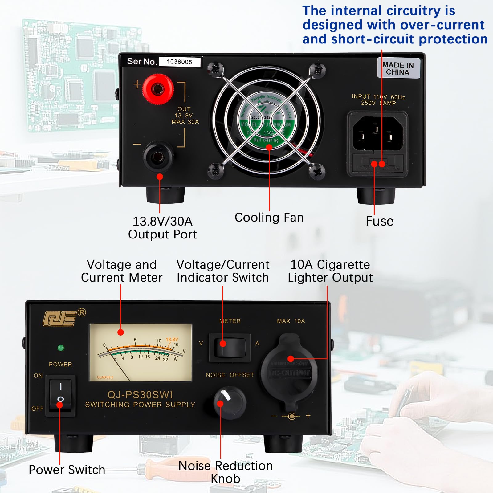 Alimentatore universale compatto per radio prosciutto, 30 A CC, 13,8 V, uscita fissa, offset di rumore, convertitore da banco da banco da laboratorio domestico, per ricetrasmettitori mobili