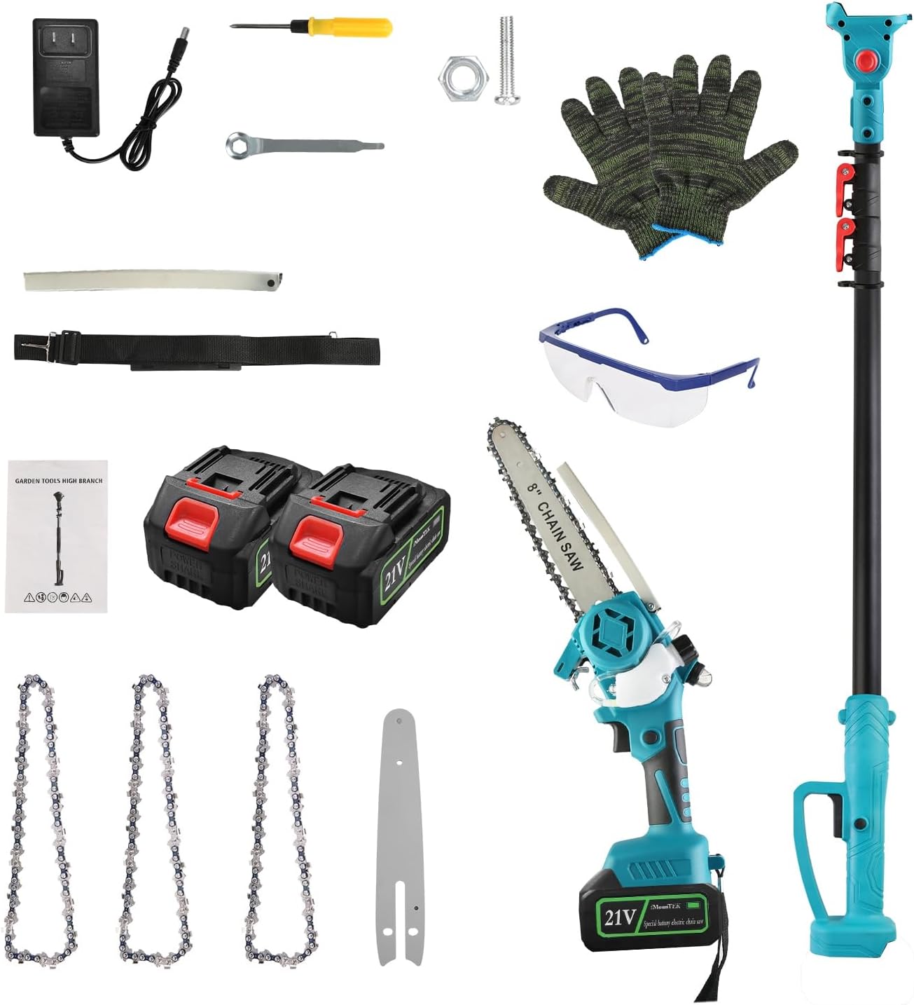 2-In-1 Cordless Pole Saw and Mini Chainsaw, 21V 1.5Ah Battery Powered Telescoping Pole Chainsaw with Auto Oiler Safety Switch, 13 FT Max Reach Pole Chain saw for Tree Branches Pruning, Wood Cutting