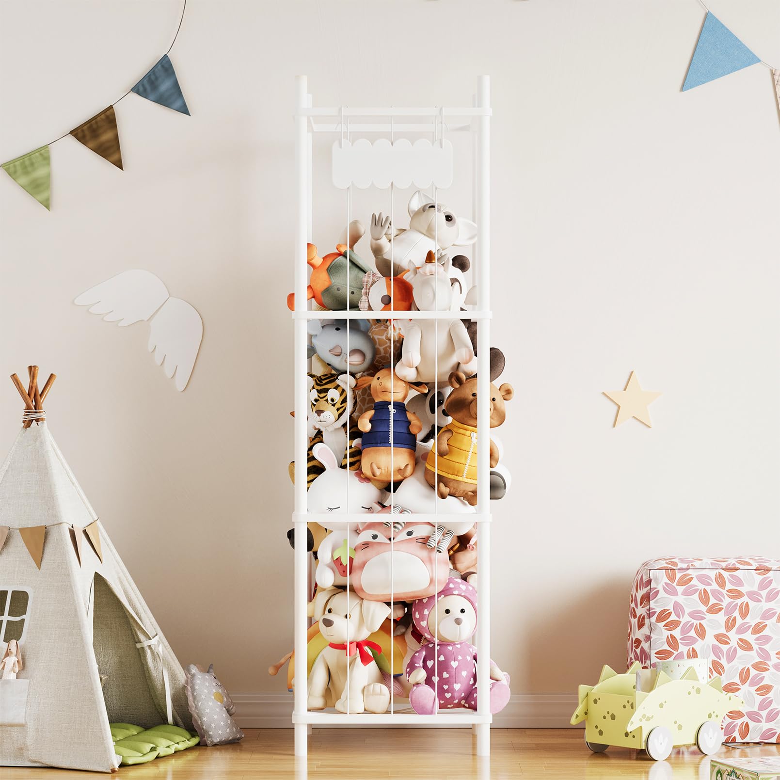 SpaceAid Organizer per animali di peluche, in legno, per giocattoli dello zoo, grande capacità, per l'organizzazione della stanza dei giochi, larghezza 40 cm, bianco