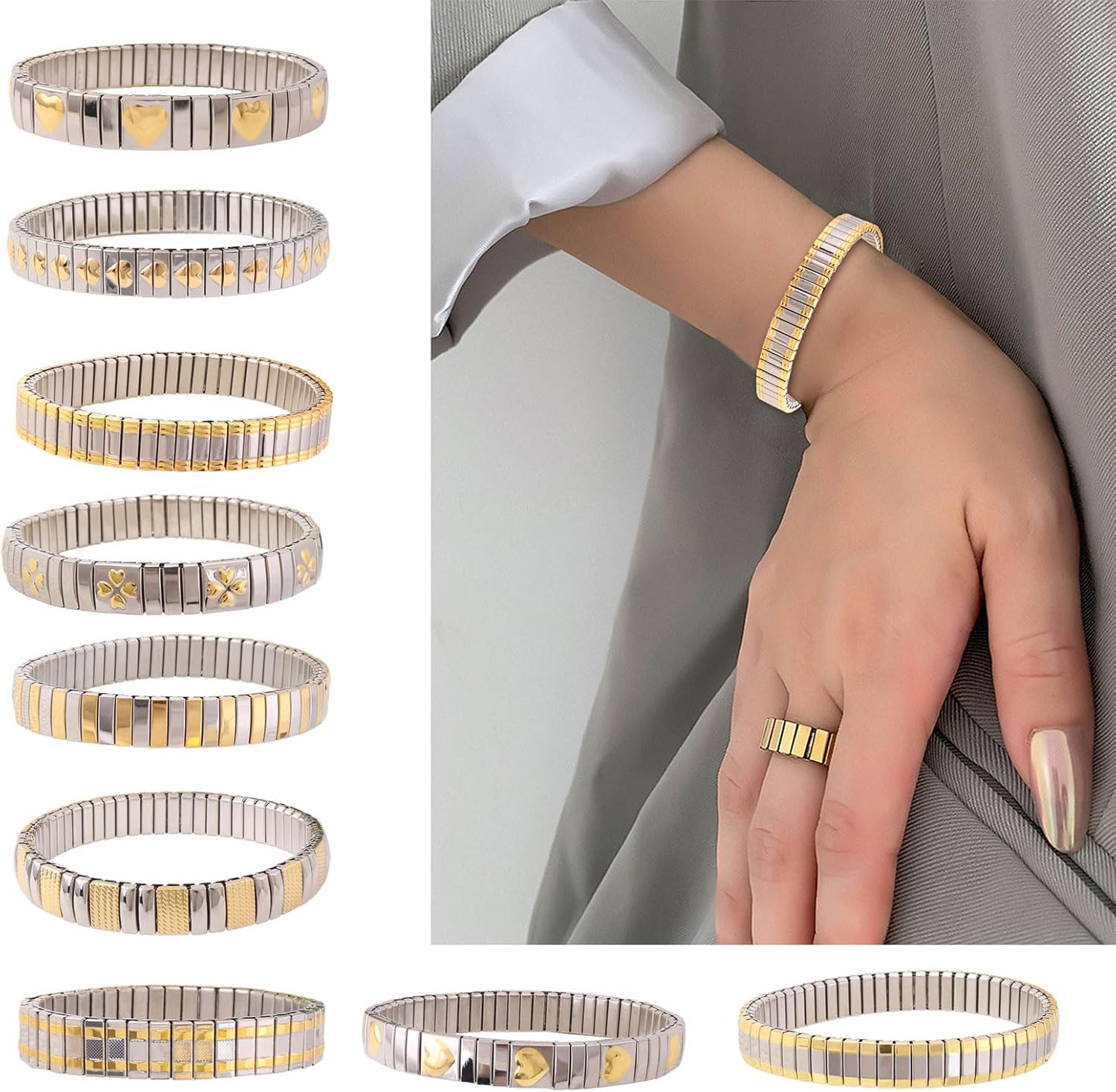 Elastic Bracelet Jewelry Stainless Steel Stretch Bracelet for Women, Flexible Wide Wristband Bangle Bracelets Decorated Golden Pattern - Image 7