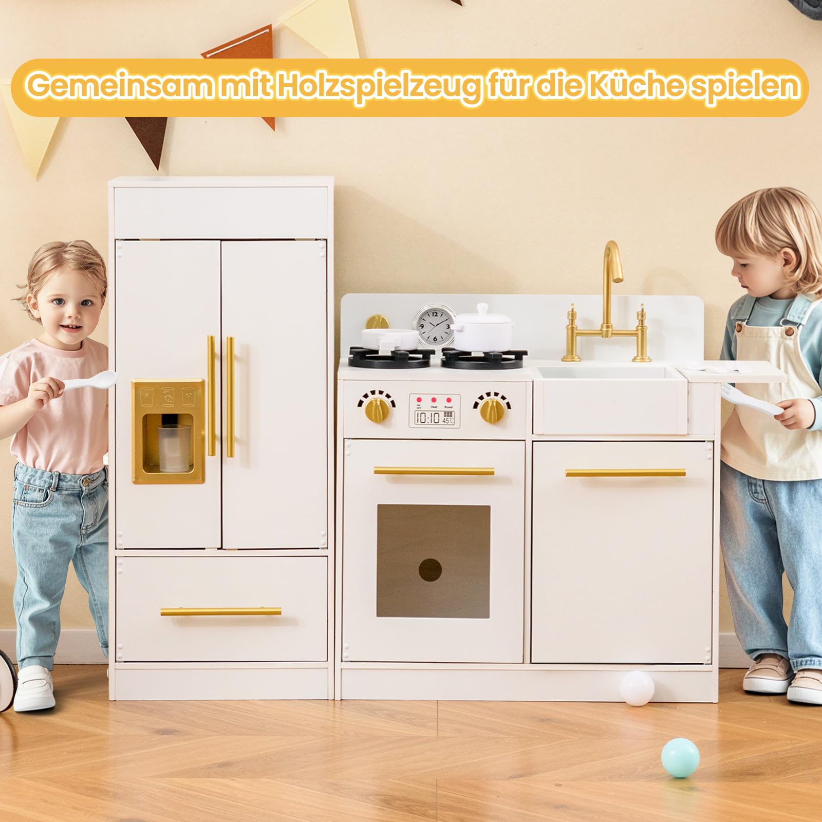 COSTWAY Kinderküche mit Kühlschrank, Spielküche Holz mit Herd & Spüle & Spülmaschine, Spielzeugküche inkl. Zubehör, Holzküche für Kinder ab 3 Jahren