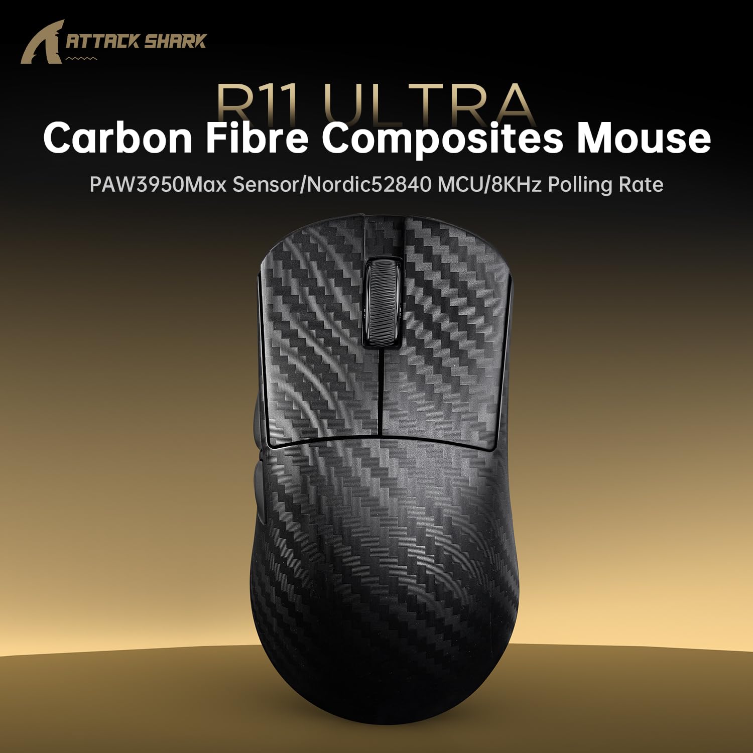 ATTACK SHARK R11 ULTRA Souris de Jeu Sans Fil en Fibre de Carbone avec Câble Spiralé LED, 8000Hz, PAW3950MAX, 42000 DPI, 49g Légère, 20000 FPS, puce Nordic 52840, Nano-metal Ice Coating, Noir Tissé