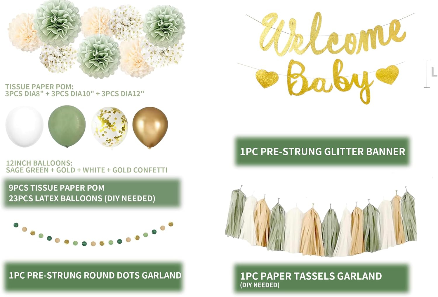 Baby Shower Decorations Neutral Sage Green and Gold Party- Welcome Baby Banner,Balloons,Tissue Pom Poms,Circle Dot & Tassel Garland- Baby Gender Reveal Birthday Woodland Themes Décor