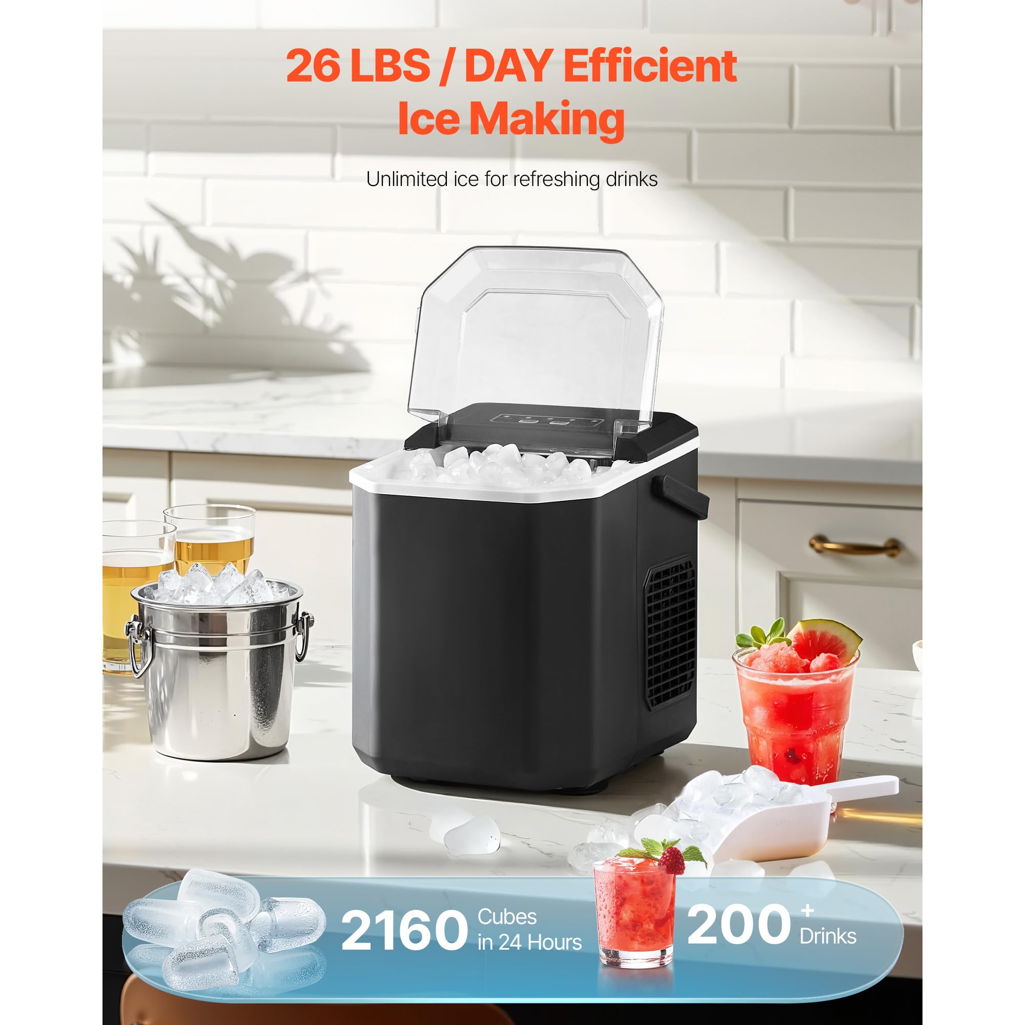 Happybuy Countertop Ice Maker - 9 Cubes In Just 6 Mins! 26lbs Daily Output. Self - Cleaning, Portable. Comes With Scoop & Basket. 2 - Size Bullet Ice For Home, Kitchen, Office, Bar & Party​ on Fridge.com - View 2