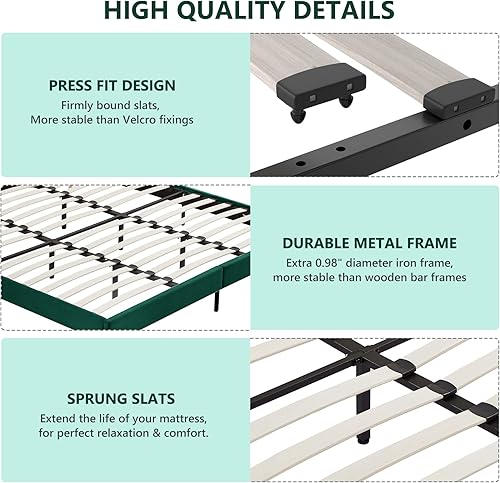 Miniatura 4 de Flolinda Base de cama de plataforma tamaño Queen con cabecera tapizada de terciopelo y soporte de listones de madera, base de colchón totalmente