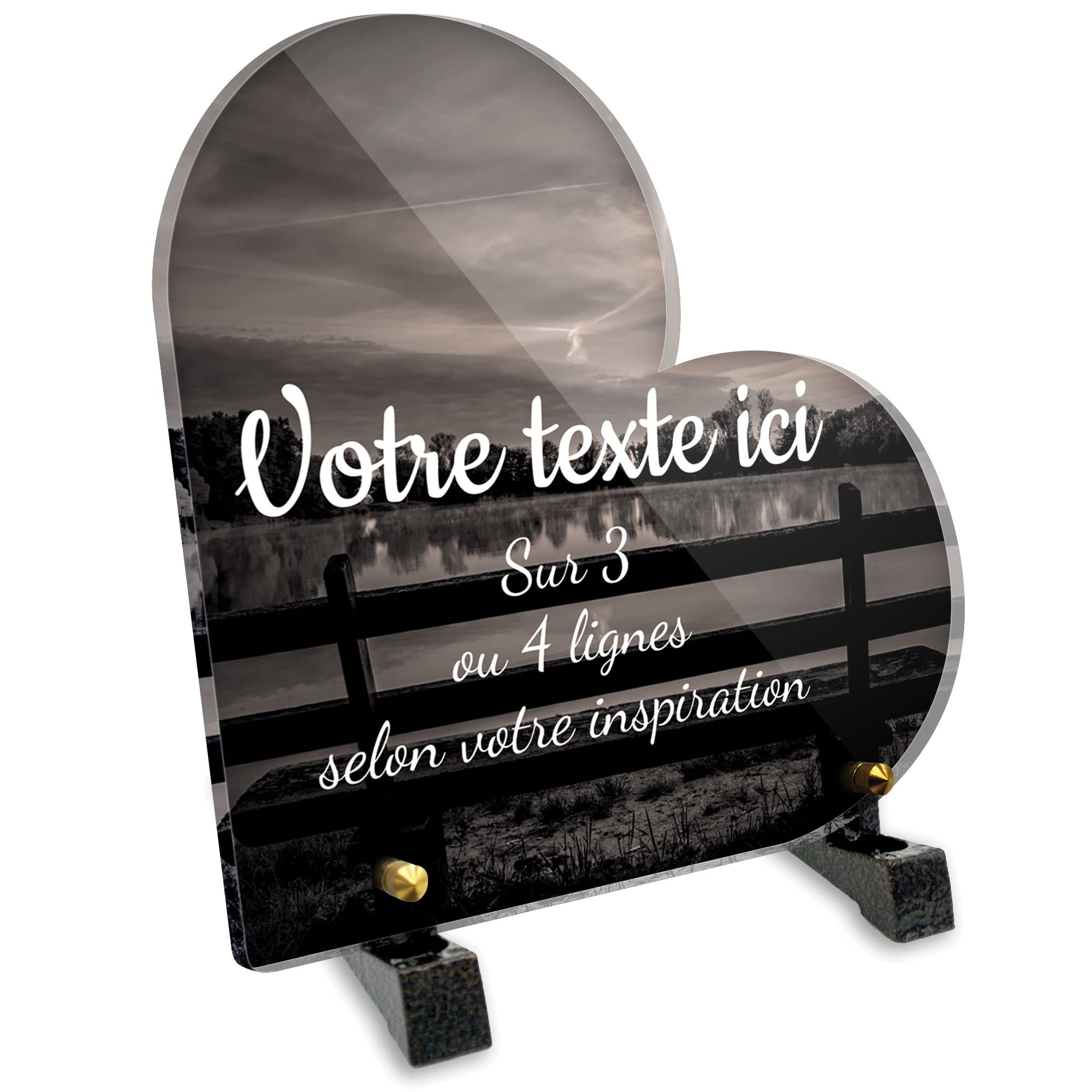 Spersonalizowana płyta nagrobna serce pleksi wzór ławki przed jeziorem, różne rozmiary, grubość 6mm, spersonalizowana na wielu liniach 15x15 cm