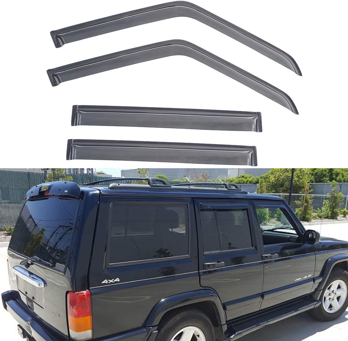 set of 4pcs Compatible with 84-01 Cherokee 4-Door Front+Rear Smoke Sun/Rain Guard Outside Mount Tape-On Window Visors