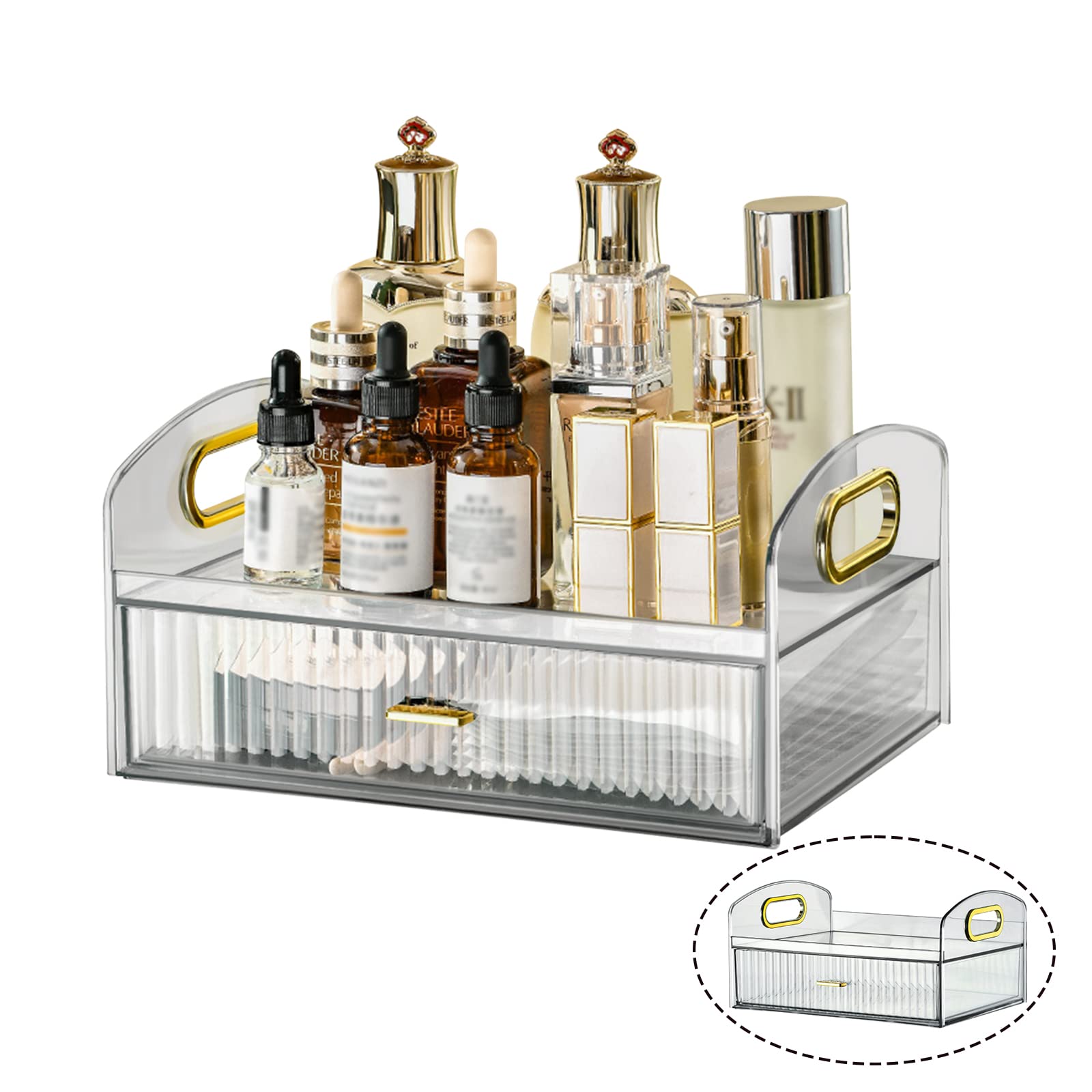 DASITON Make up Organizer mit Schubladen,Große Kapazität Skincare Organizer,Retro Badezimmer Dresser Schlafzimmer Kosmetik Organizer,Acryl Kosmetik Aufbewahrung für Schminke und Schmuck(Transparent)