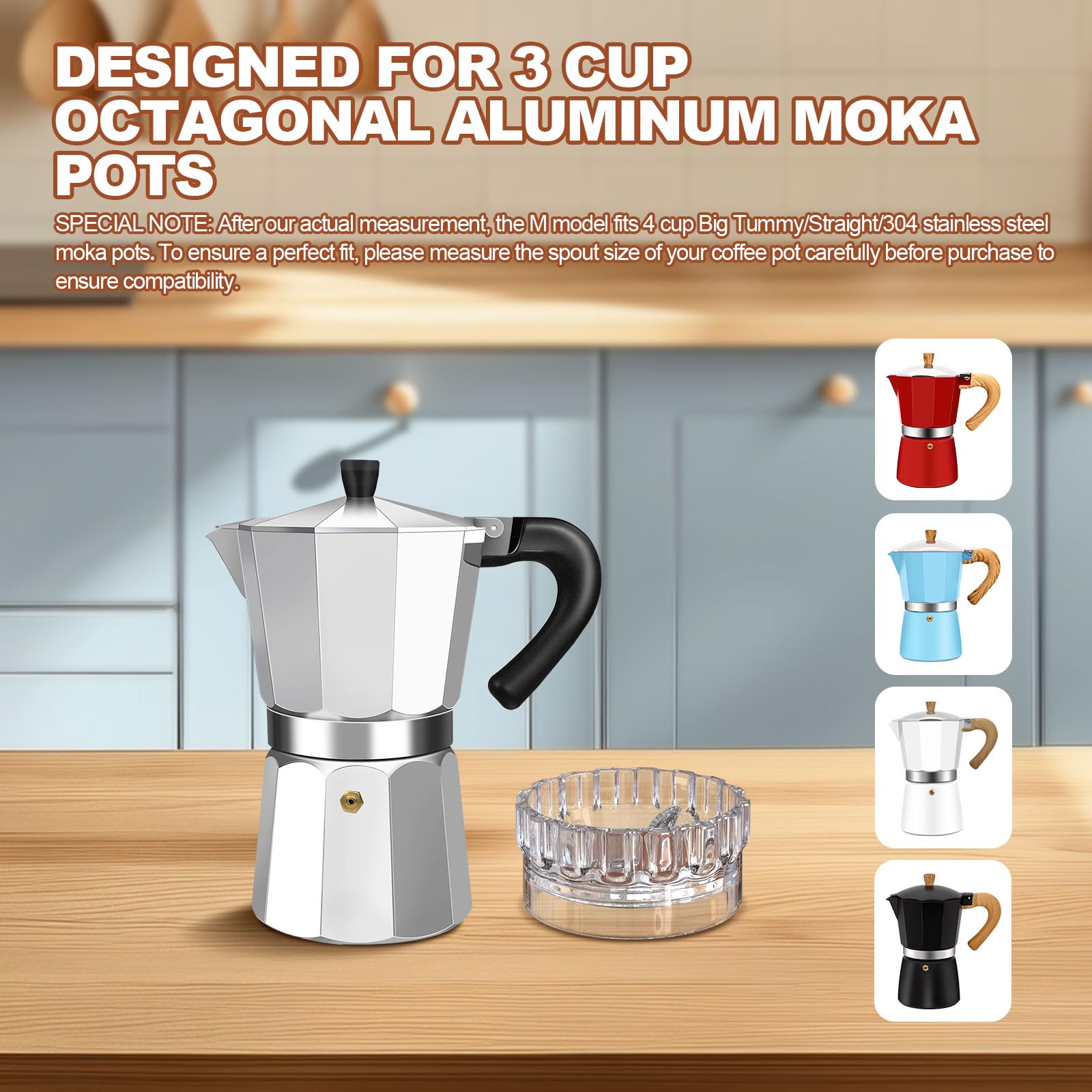 Embudo dosificador de moca transparente, control de volumen preciso y relación de extracción perfecta para 3 tazas de aluminio espresso estufa, M65 mm