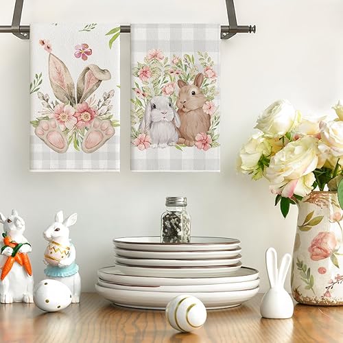 Miniatura 2 de Artoid Mode Juego de 2 toallas de cocina de Pascua con diseño de conejo, diseño de búfalo beige, 18 x 26 pulgadas