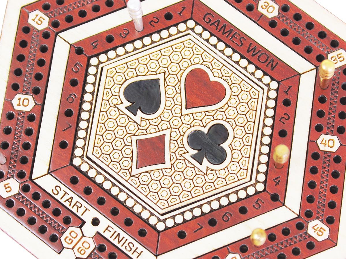 House of Cribbage - 2 Track 60 Points - Hexagonal Shape Pocket Size Wooden Travel Cribbage Board - Size 4 Inch (Maple Wood/Bloodwood)