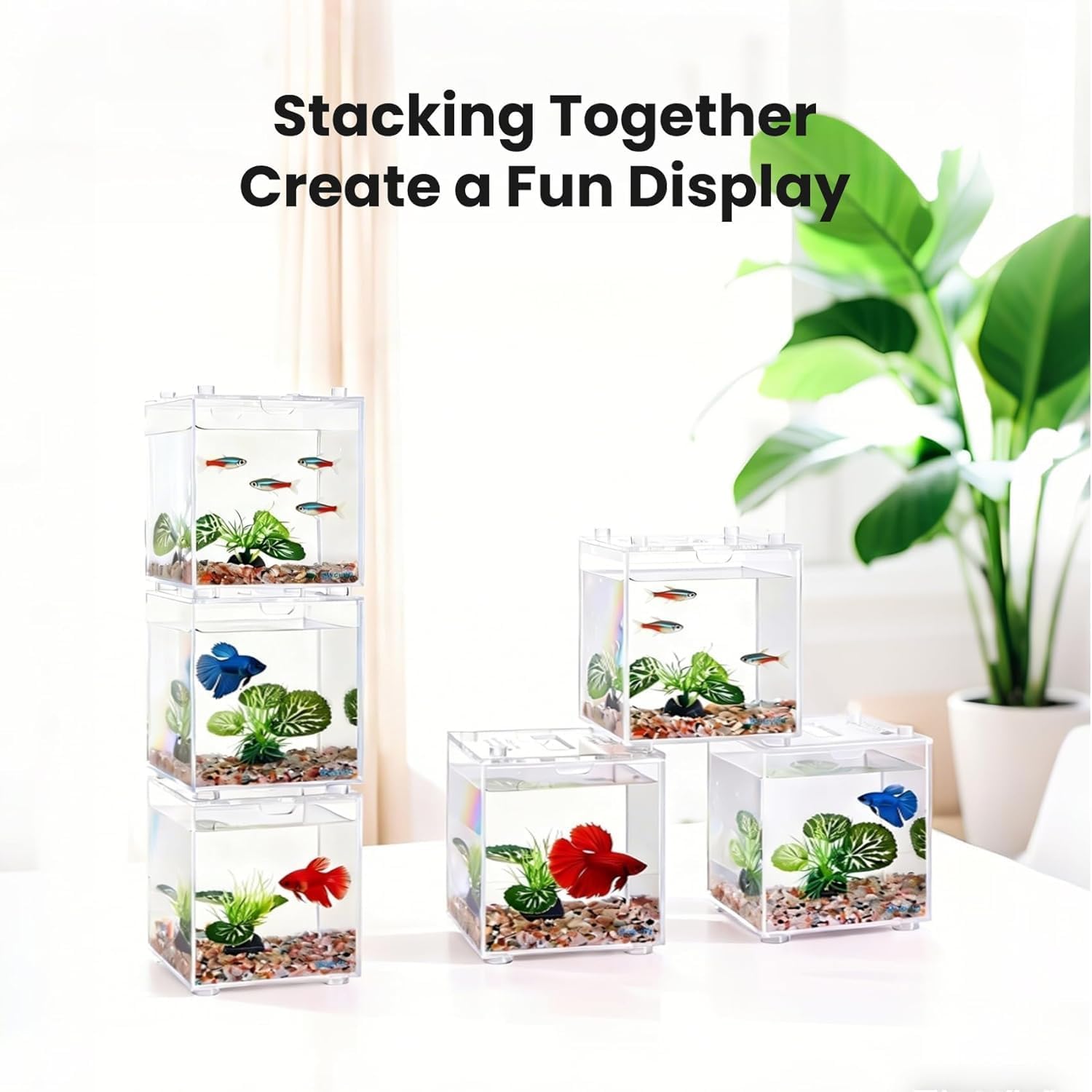 3 Pack Small Betta Fish Tank with Artificial Plants, Gravels, Cleaning Tools, Acrylic Breeding Box for Guppy, Shrimp