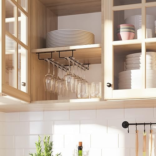 Miniatura 3 de Wallniture Brix - Soporte para copas de vino debajo del gabinete, organización y almacenamiento para decoración de cocina, hierro negro de 17