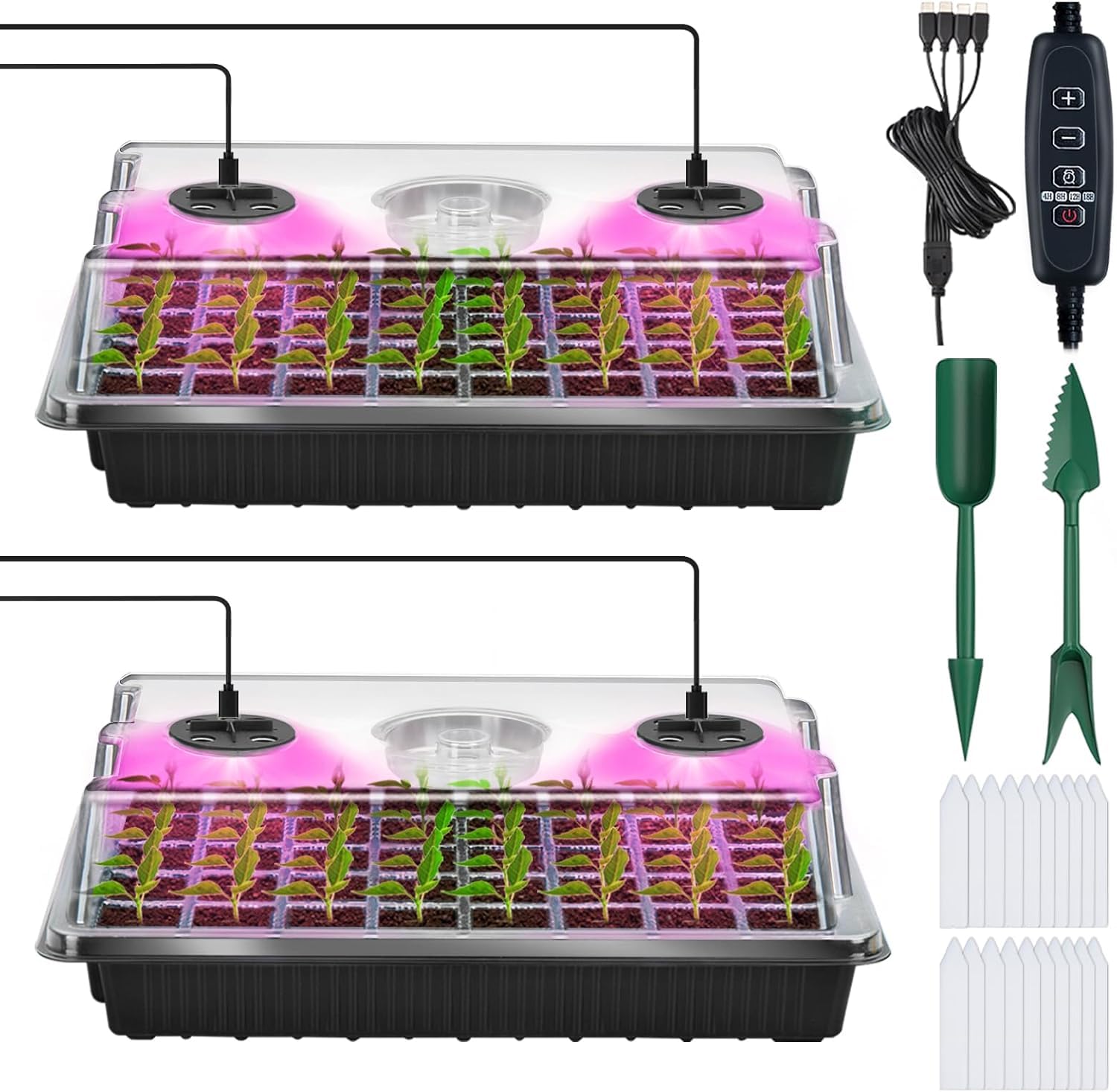 YAUNGEL Vassoio Germinazione con Luce di Coltivazione, 2 Pezzi 80 Celle Semenzaio Germinazione, Mini Serra Propagatore con Luminosità Regolabile e Regolatore di Temporizzazione, Nero