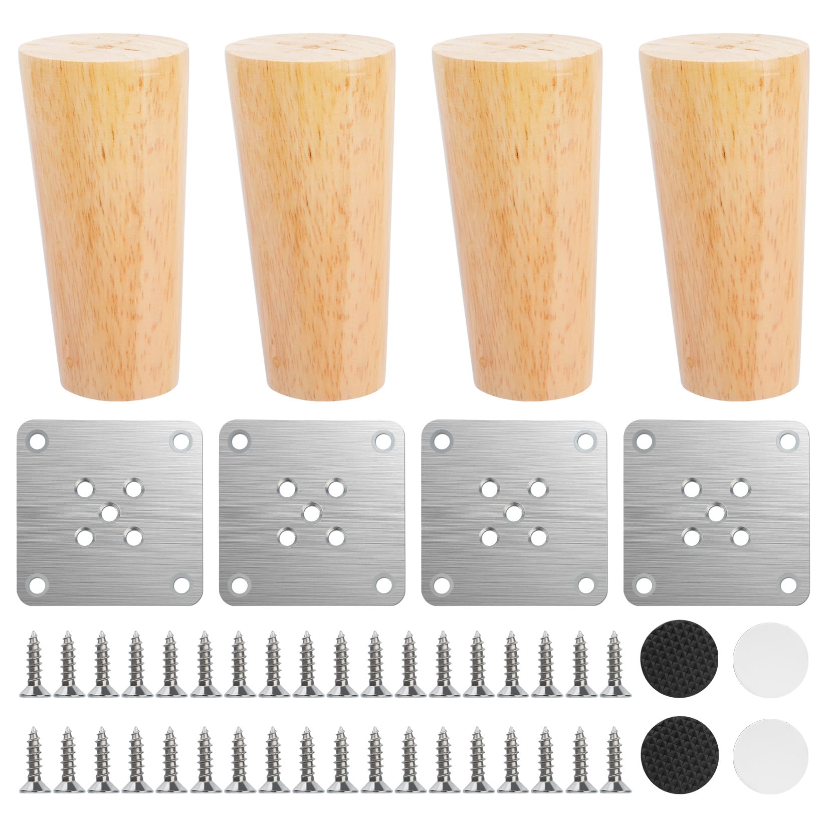4 Pz Piedini per Mobili in Legno 10cm, Piedi per Mobili, Gambe per Mobilie, Gambe Tavolo, Piedi Letto, Piedini per Divano Letto Dritte e Affusolate per Tavoli, Cassettiere, Sedie, con Accessori