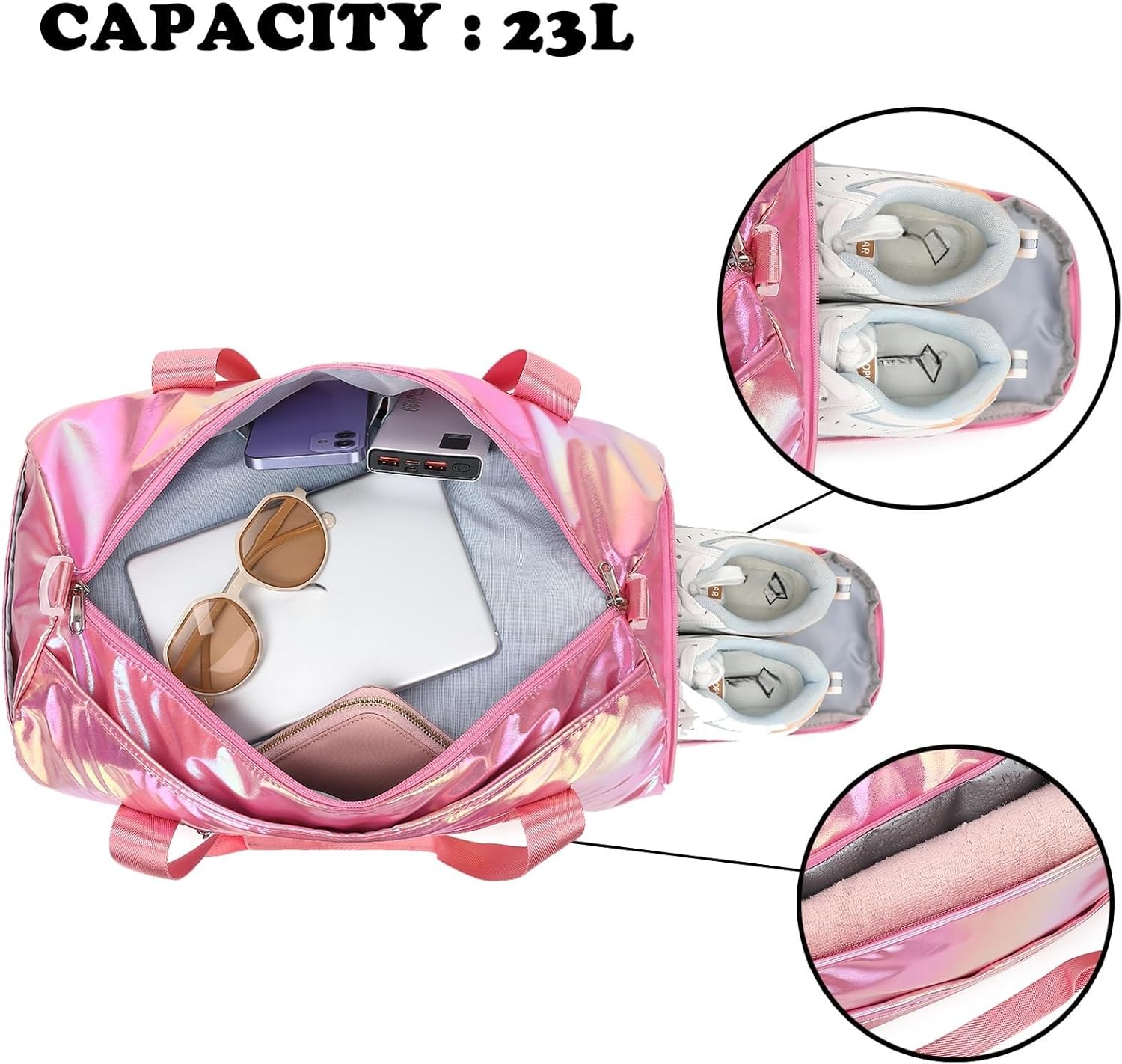 Gym Bag Sports Duffle Bag with Wet Pocket Weekender Overnight Bag with Waterproof Shoe Pouch and Air Hole for Girls Kids Women Travel Foldable Bag - Image 5