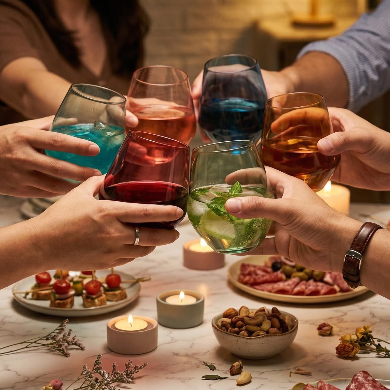 Farbiges Pastell-Weinglas-Set, große 473 ml Gläser, 6 Stück, einzigartiger italienischer Stil, hoher Stiellos für Weiß- und Rotwein, farbiger Becher, schöne Glaswaren (ohne Stiel)
