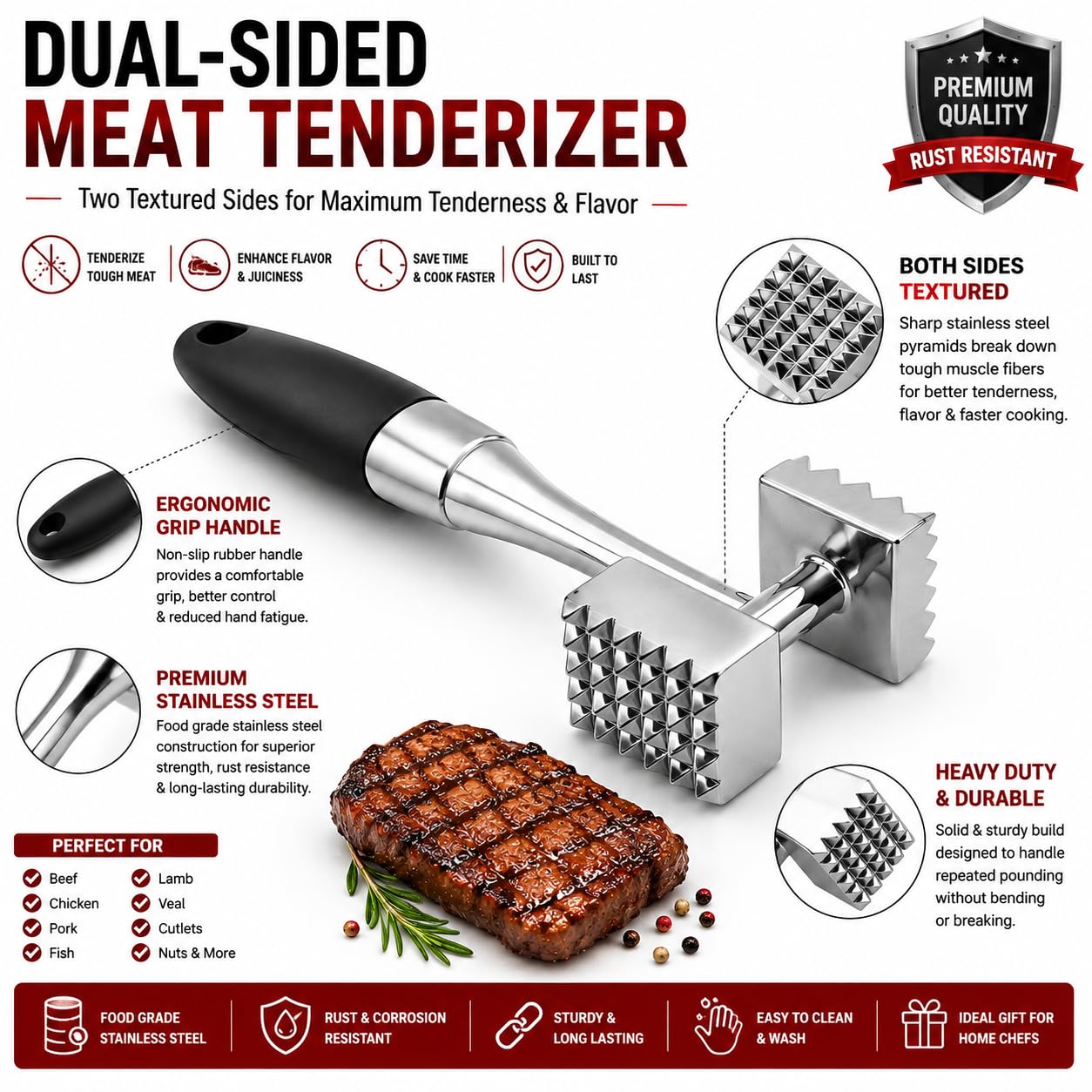Zollyss Stainless Steel Meat Tenderizer Hammer | Dual-Sided Meat Mallet with Rubber Grip Handle | Meat Pounder for Steak, Chicken, Beef, Pork & Fish | Heavy Duty Kitchen Meat Hammer (Black)
