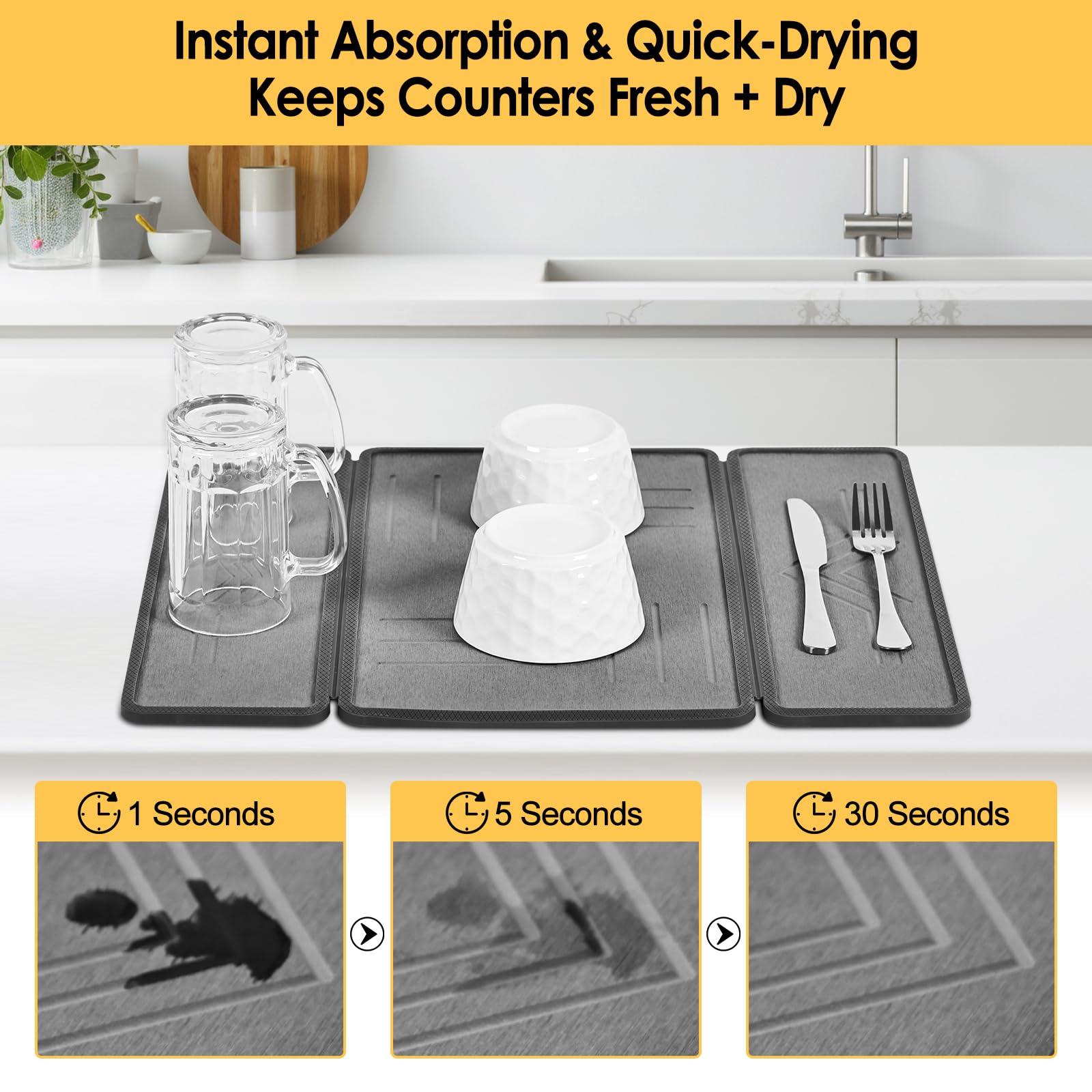 KitchenRaku Tapis d'égouttement en pierre avec housse en silicone, tapis d'égouttement pliable en trois parties, ultra absorbant et à séchage rapide pour la cuisine, respectueux de l'environnement