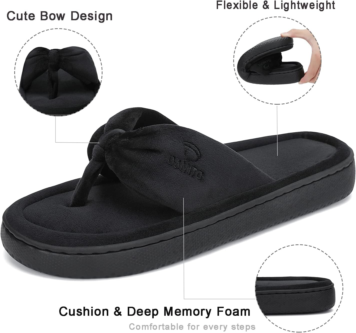 Dannto Women's House Slippers Memory Foam Flip Flops Thong Indoor Shoes Open Toe - Image 2
