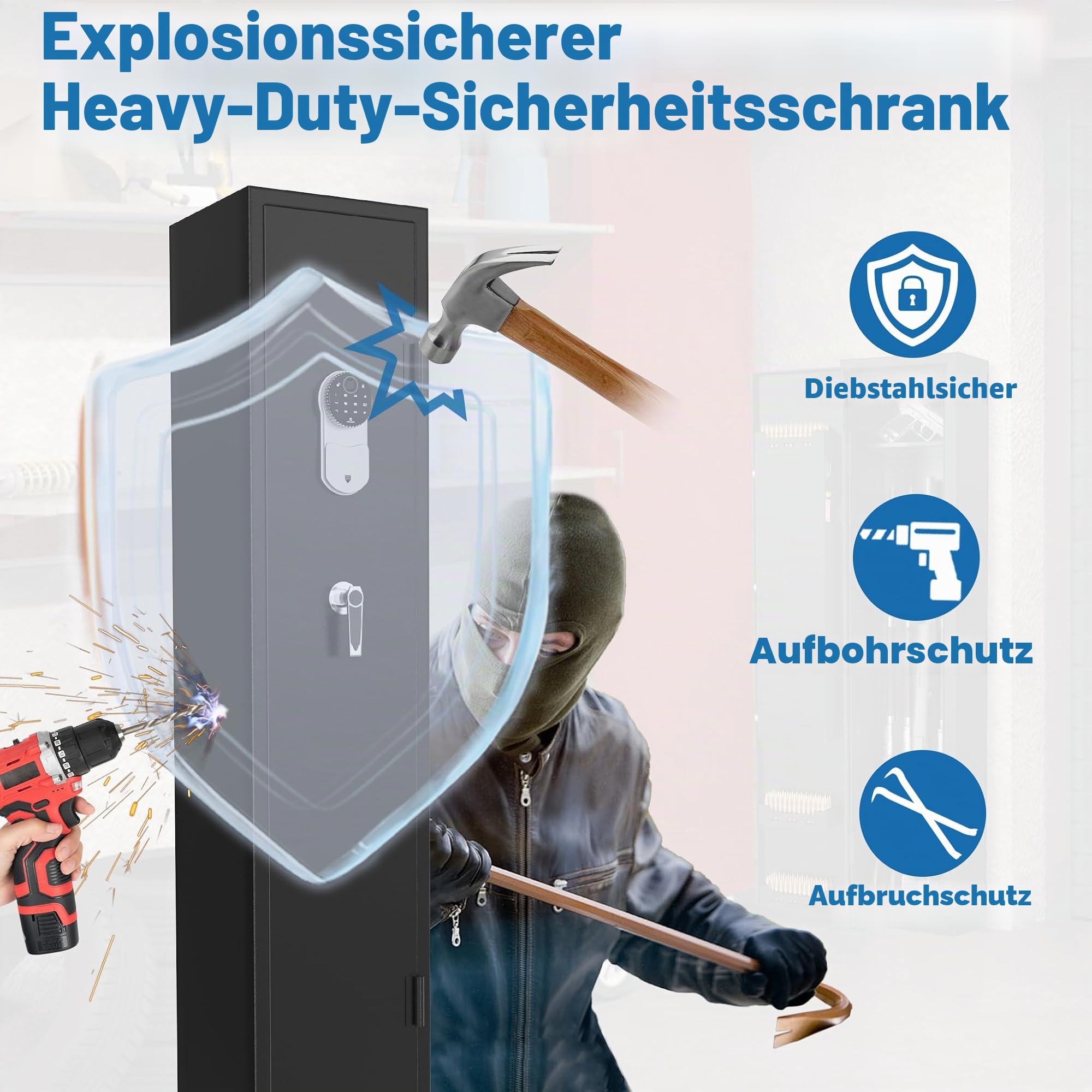 Froadp Waffenschrank aus Stahlblech, Sicherer Waffentresor & Langwaffenschrank mit Zahlenschloss & Schlüsselschloss, inkl. Alarm & LED, Munitionsschrank für Gewehre, Pistolen & Zubehör, Schwarz