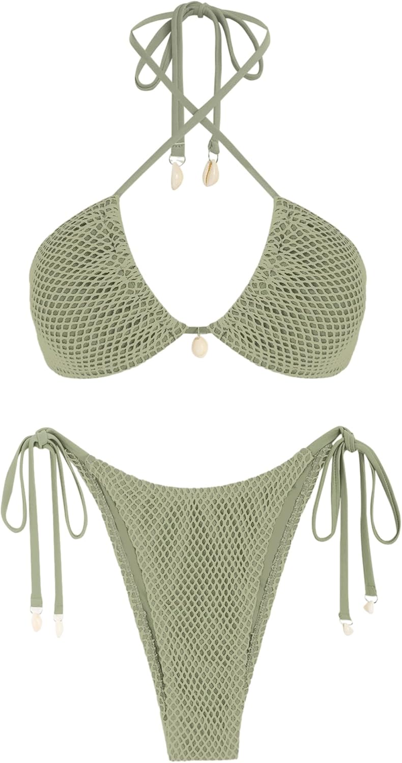 ZAFUL Women’s Bikini Set Fishnet Triangle Tie Convertible Collar Halter Bandeau Shell Two Piece Bathing Suit