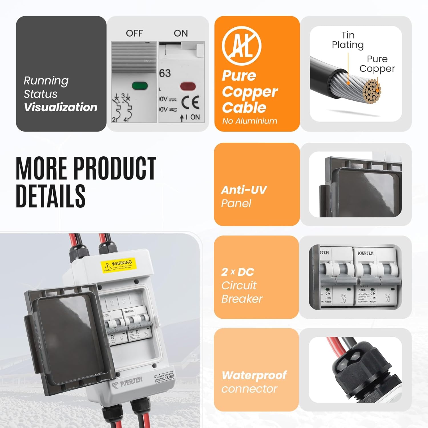 Solar Panels Disconnect Switch 30A 400VDC PV Shut Off Switch Outdoor 2 String Circuit Breaker Box IP66 Waterproof UV-Proof