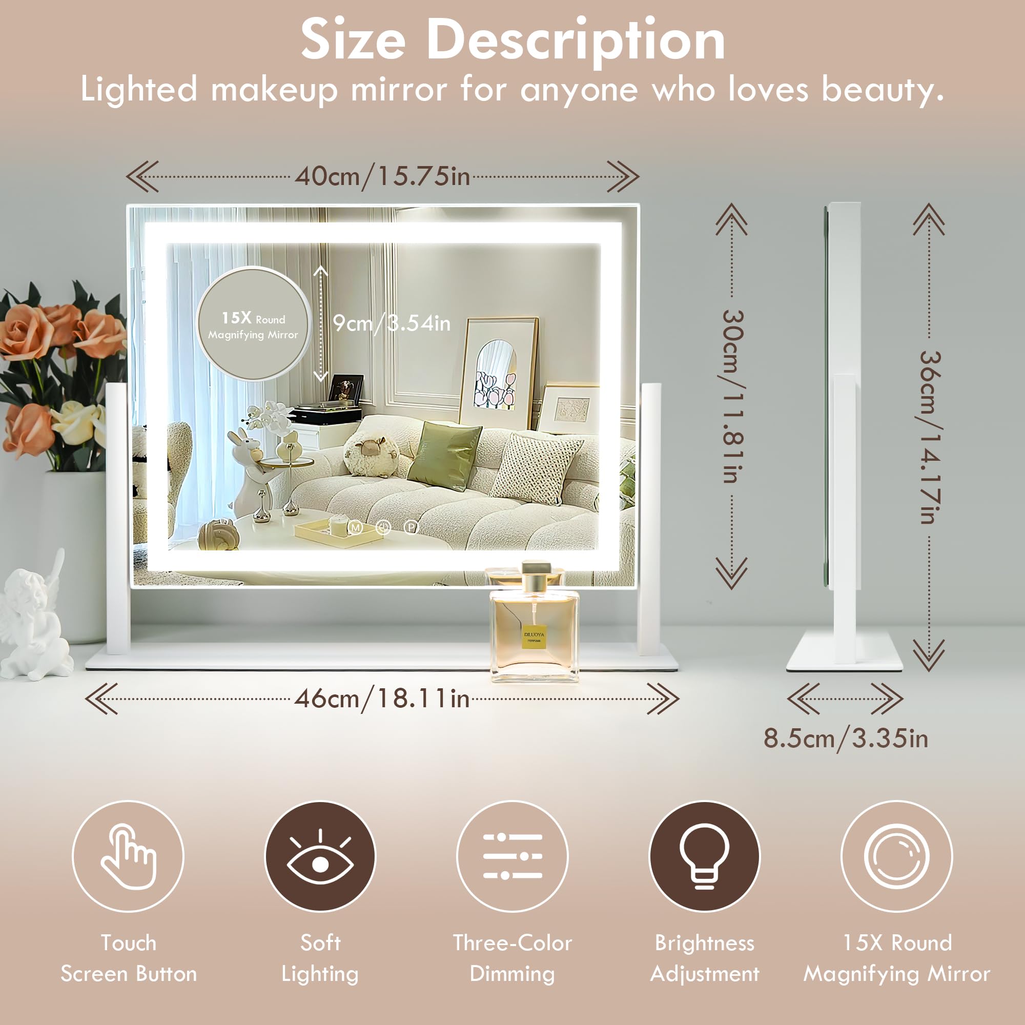 LuxeVue Espejo de Maquillaje con Luces, Espejo de Tocador con 3 Modos de Iluminación, Espejo con Luz, Sensor Táctil, Giratorio 360°, Marco de Metal, Regalo para Mujeres