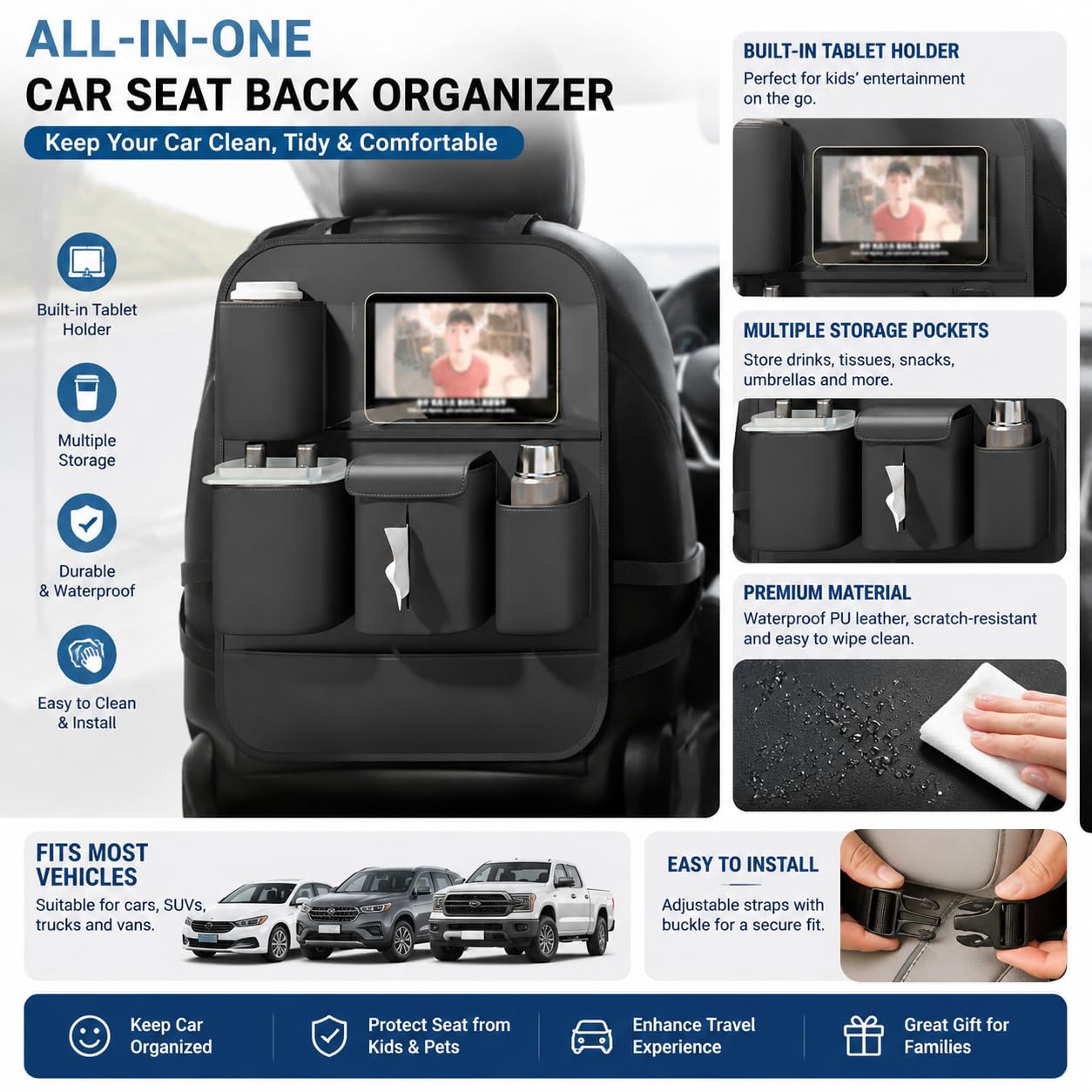 XDV Organisateurs de siège de voiture, protections de siège arrière multifonctionnelles, pochettes de rangement, tapis de protection contre les coups de pied des enfants et supports de plateau pour