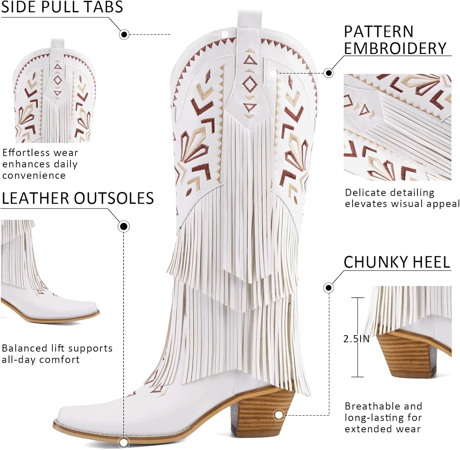Women’s Fringe Cowboy Boots Knee High, Embroidered Western Cowgirl Boots with Tassel, Pointed Toe Chunky Heel Pull On Boho Festival Concert Boots