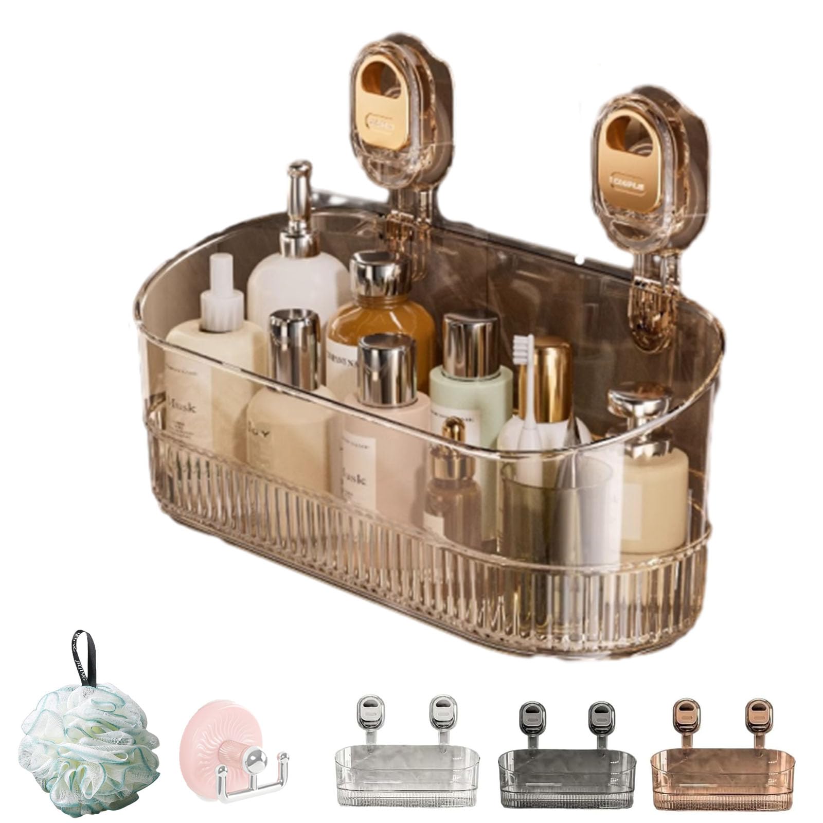 Hbviret No-Drill Bathroom Suction Storage Box – Large Capacity & Strong Load-Bearing, Corrugated Suction Cup Shower Caddy Hanging Shower Shelf with Drain Hole, Removable Shower Organizer (Brown)