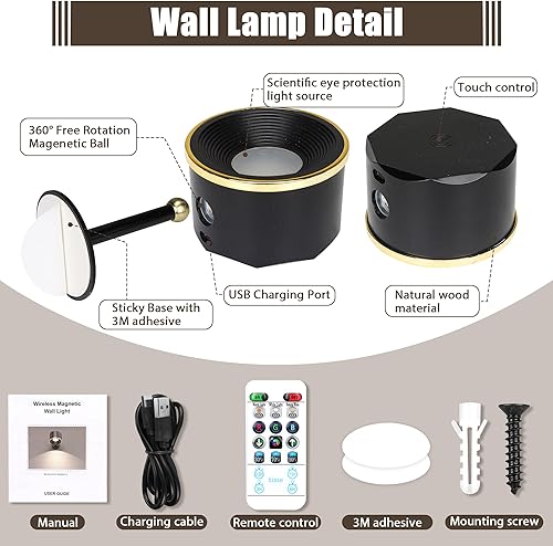 Miniatura 6 de Aplique de pared LED, 1 paquete de luces de lectura inalámbricas montadas en la pared con control remoto, recargable, funciona con pilas, USB,