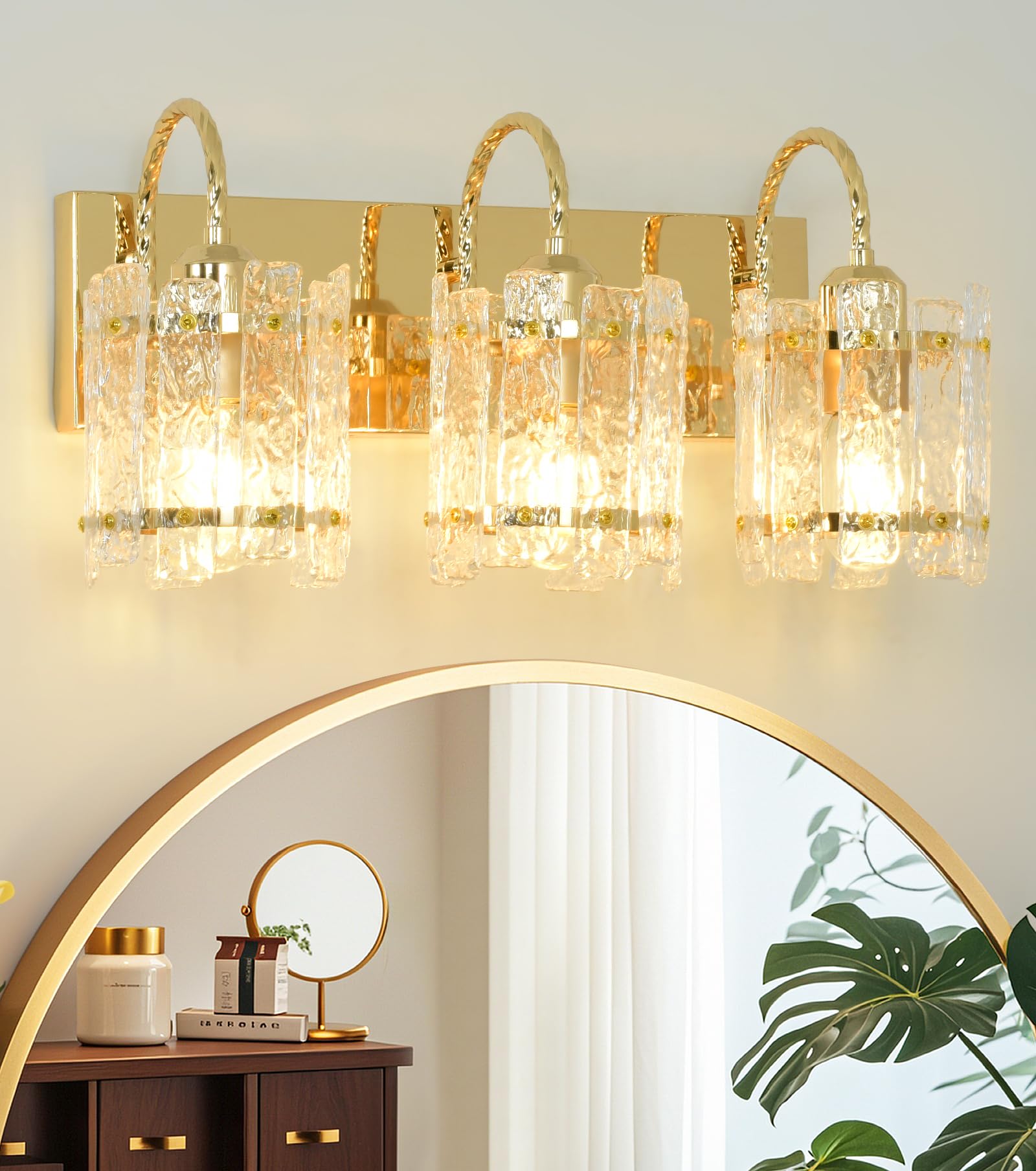 Azxgb Gold Vanity Lights 3 Lights with Water Ripple Glass Shade Modern Bathroom Sconce Above Mirror 20in Hallway Lamp for Bathroom Living Room Bedroom