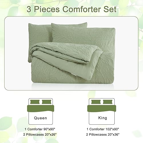 Miniatura 7 de ENCOFT Edredón tamaño King, edredón verde con patrón de hojas en relieve de 3 piezas, con funda de almohada, para todas las estaciones, edredón de
