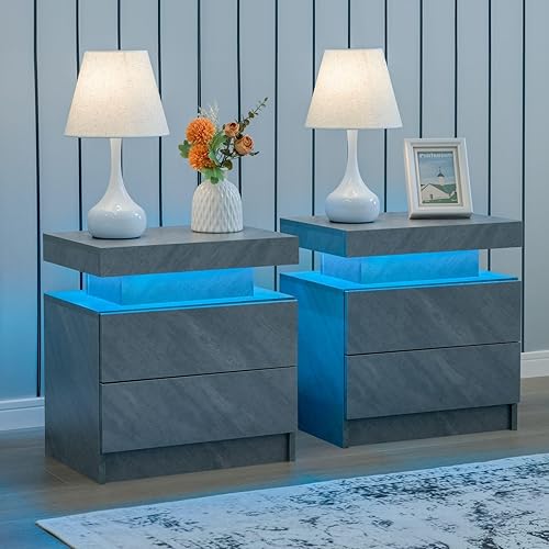 Miniatura 18 de Generic Juego de 2 Mesita de noche con 2 cajones, mesa de noche con cajones para muebles de dormitorio, mesa auxiliar con luz LED Blanco,Negro