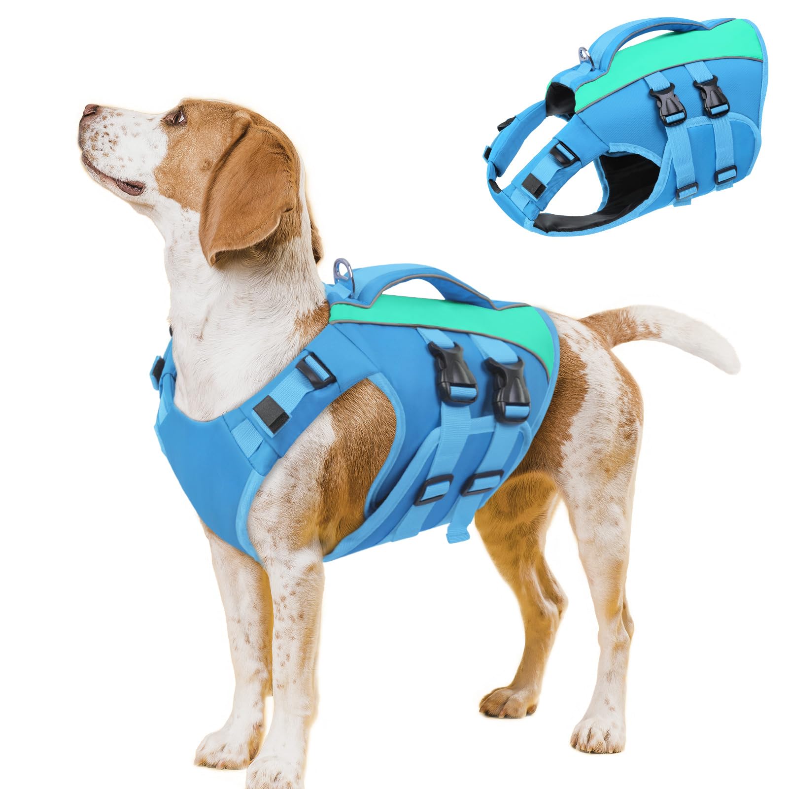 Queenmore Dog Lifejackets Large, Adjustable Life Vest With Rescue Handle, Reflective Pet Swimming Vest, Ripstop Dog Buoyancy Aid For Dachshund,Sausage Dog,Corgi,French Bulldog,Pug (Blue,L)