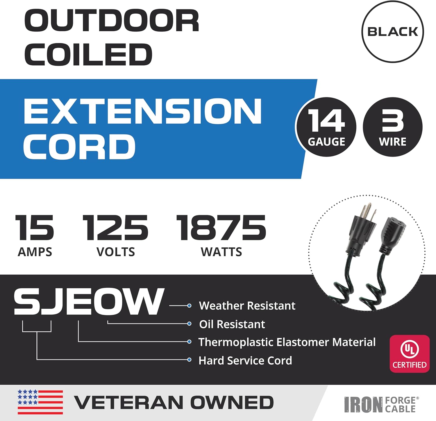 Iron Forge Cable SJEOW Black Outdoor Coiled Extension Cord 20 ft, 14/3, 15 Amp Oil Resistant & Flame Retardant 3 Prong Coiled Wire for Outdoor & Indoor