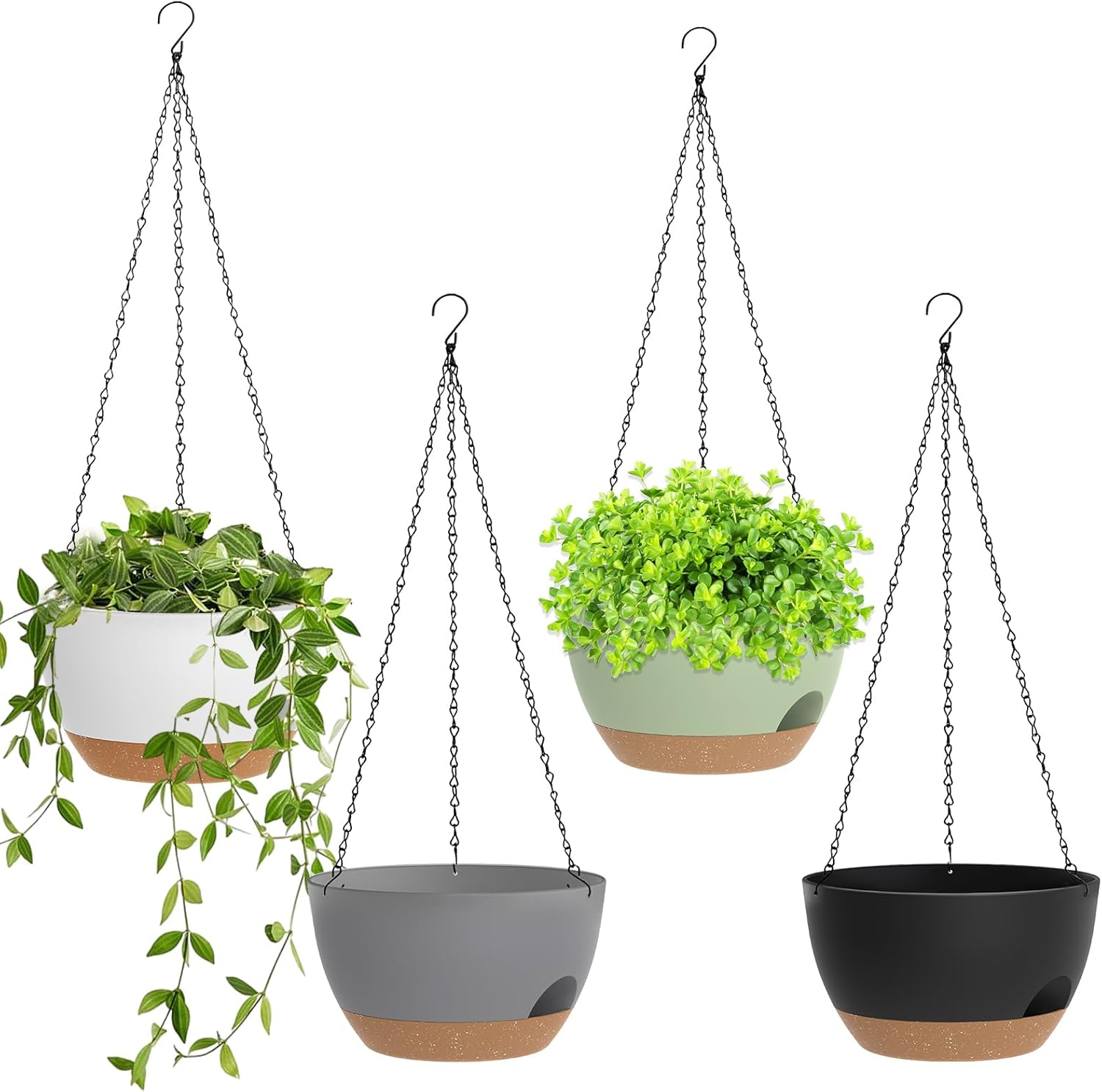 8 Inch Hanging Planters for Indoor Outdoor Plants, 4 Pack Black Brown Plastic Self Watering Hanging Baskets with Drainage Holes and Chain for Garden Porch