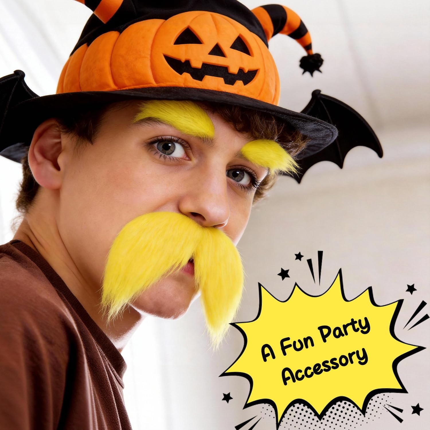 Yellow Mustache and Eyebrows, Fake Beard for Women and Adults, Cosplay Halloween Costume Accessories, Funny Party Favor