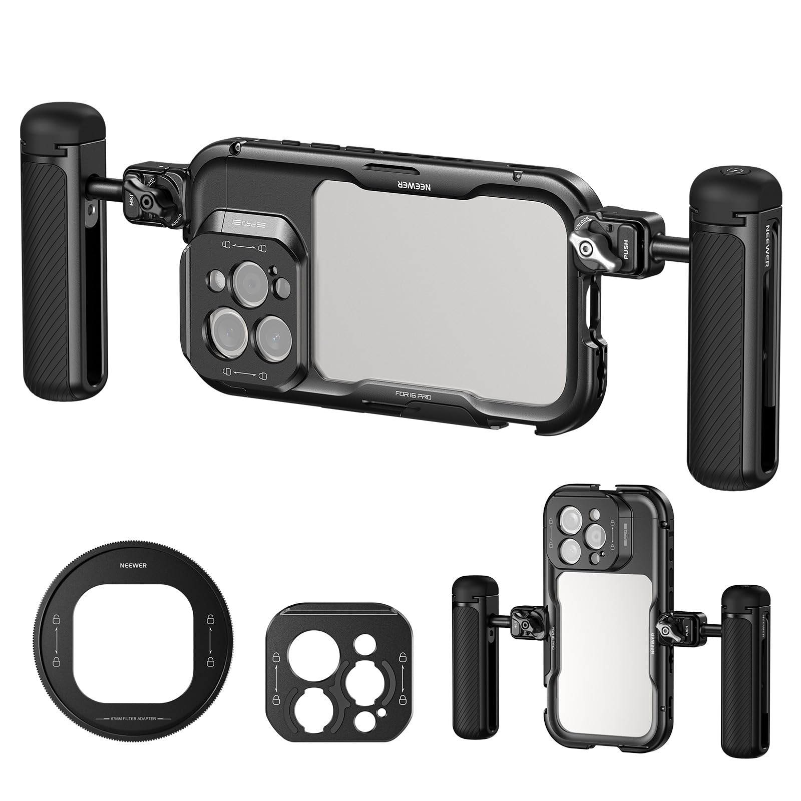 NEEWER Phone Cage for 16 Pro Max, Video Rig with 2 Quick Release Side Handles, 67mm Filter Adapter, 17mm Lens Mount, T-Mount Lens Adapter, Smartphone Stabilizer, Smartphone Holder for Photography and