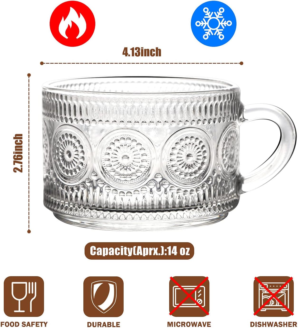 WHJY Vintage Glass Coffee Mugs with Spoon, Set of 2 espresso ribbed glass coffee cup，Embossed Tea Cups, Esthetic Tea Cups for Cappuccino, Latte, Hot Beverages, 14 oz - Image 2