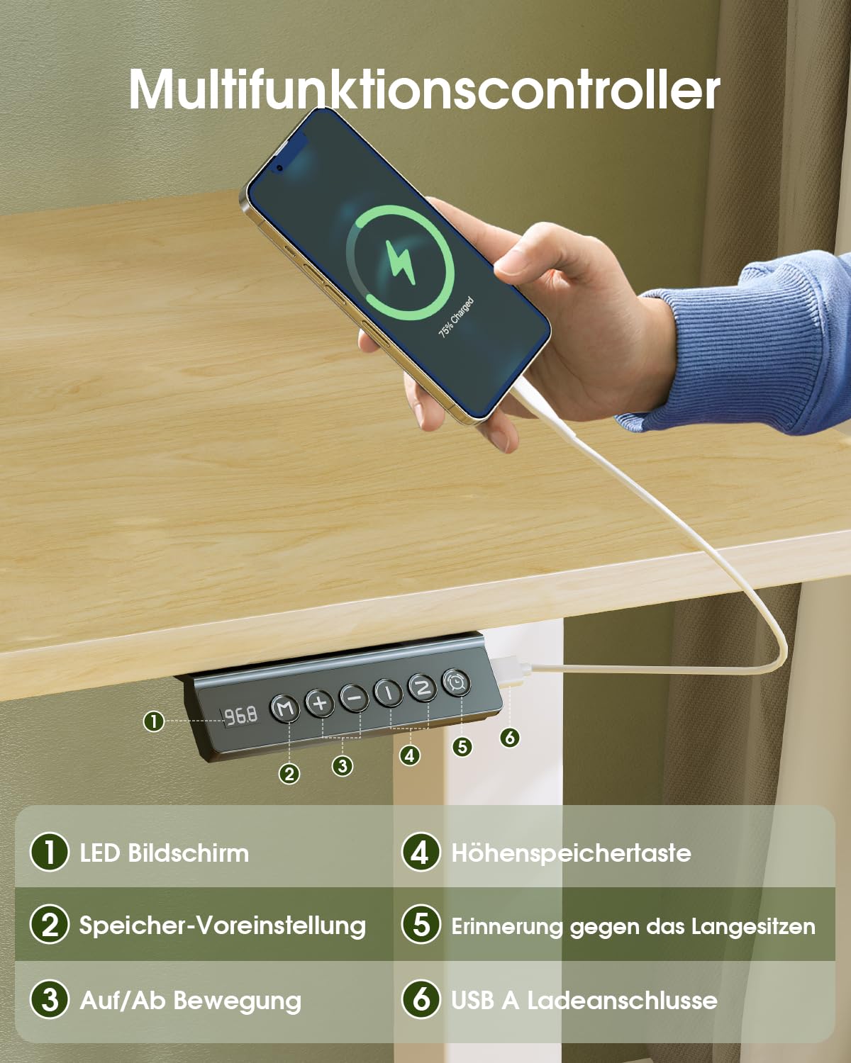 Flamaker Höhenverstellbarer Schreibtisch Ganze Tischplatte 110 x 53 cm, Schreibtisch Höhenverstellbar Elektrisch mit Memory Steuerung, Gaming Tisch mit Sitzende Erinnerung und USB-Aufladung (Beige)