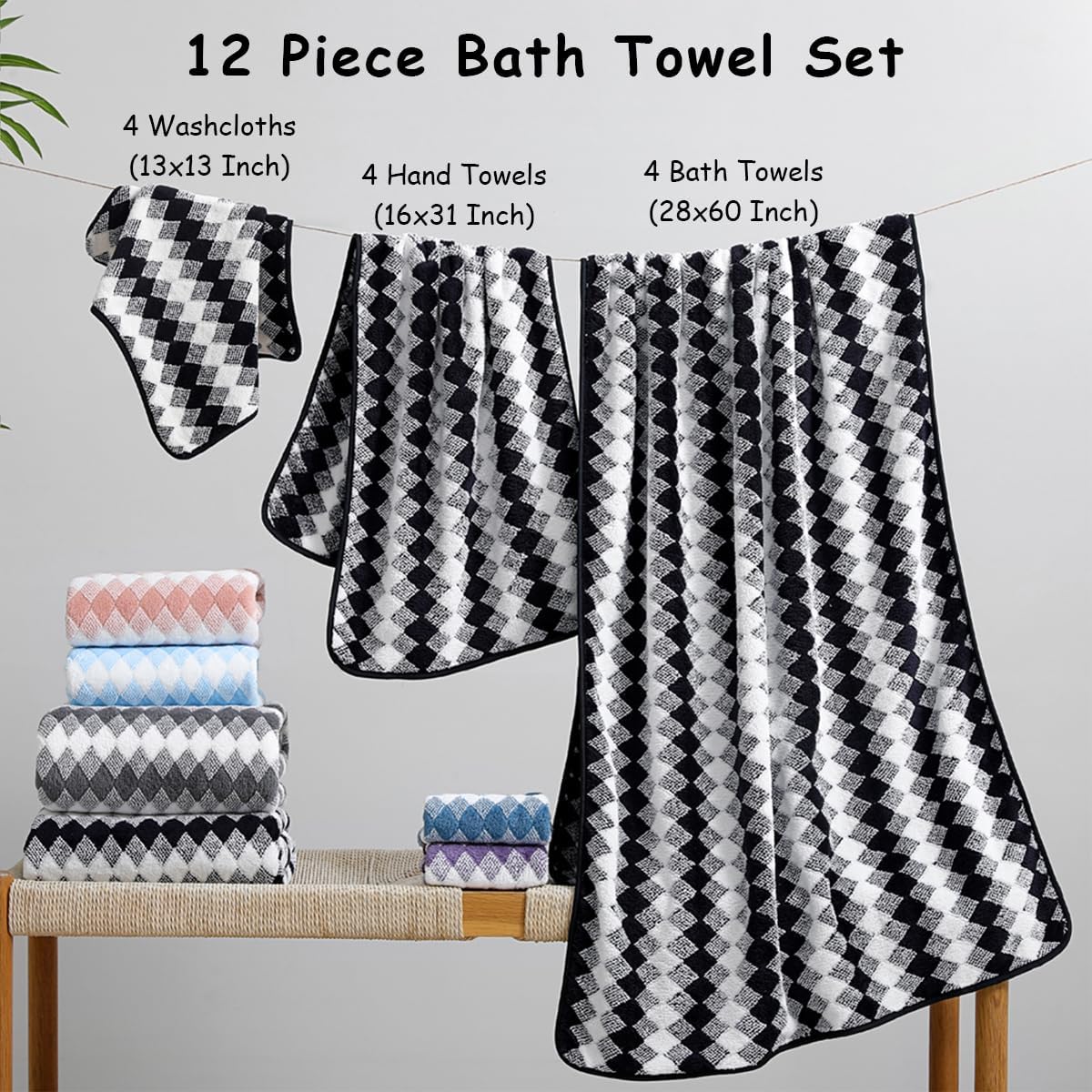 12 Pcs Black White Diamond Towel Set-4 Bath Towels,4 Hand Towels,4 Washcloths Soft Polyester Towels with Loop Absorbent Shower Towel Quick Dry Beach Chair Towel Family Towels for Bathroom Spa Gym Pool