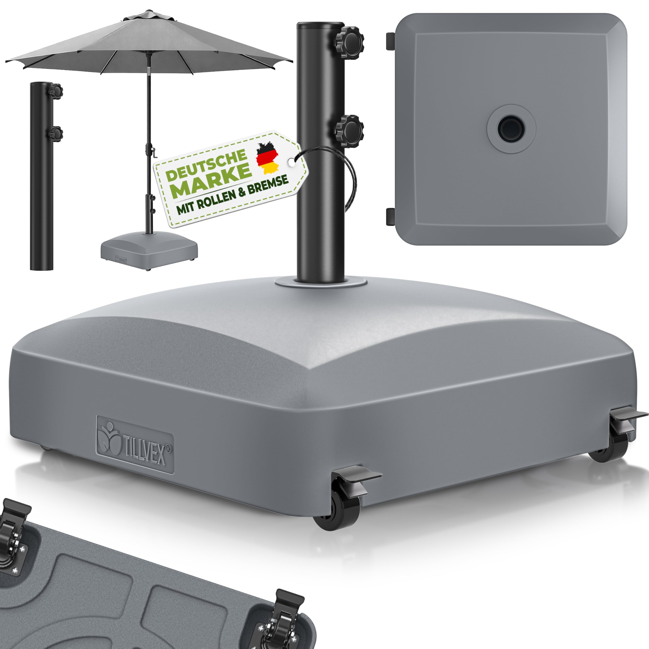 tillvex® Sonnenschirmständer PAVERA mit Rollen & Bremsen | Schirmständer befüllbar 37 Liter/56 kg | Schirmgewicht Sonnenschirm & Marktschirm Ø1,8-3,7m | Rollbar, wetterfest & UV-beständig (Anthrazit)