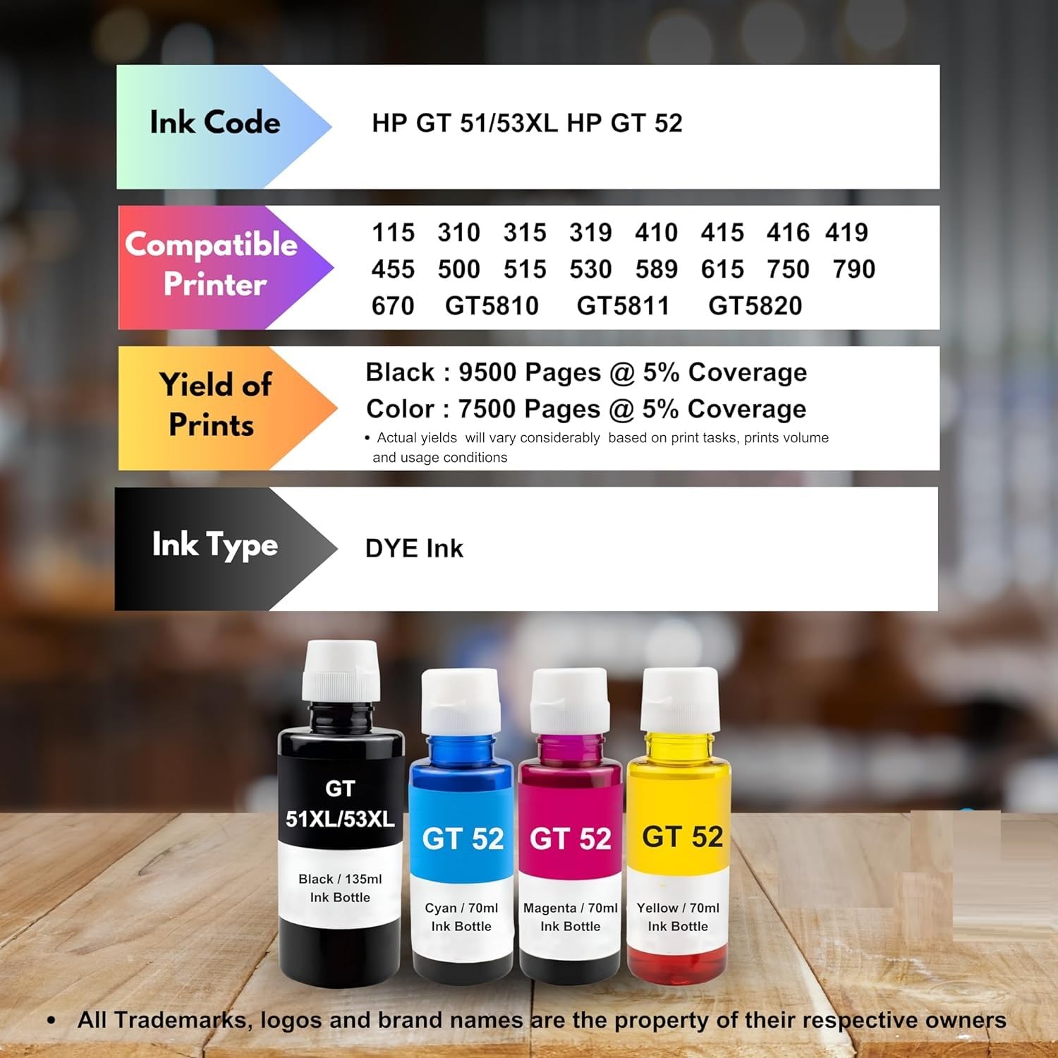 ASV GT53XLsmart Tank Printer 581,210,525,520,521,585,580,670,530,675,720,750,790 Black Tri Color Combo Pack Ink Bottle
